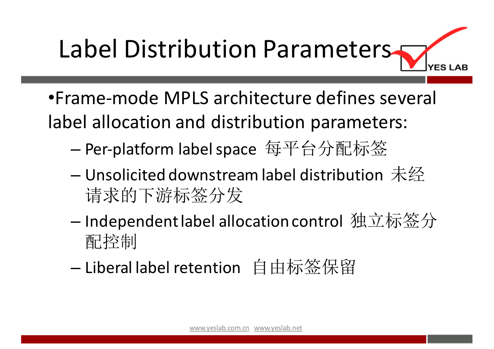 Label Distribution Parameter 
YES LAB 
•Frame-mode MPLS architecture defines several 
label allocation and distribution parameters: 
— Per-platform label space 
— Unsolicited downstream label distribution 
— Independent label allocation control 
— Liberal label retention Él 
wwwveslabnet 