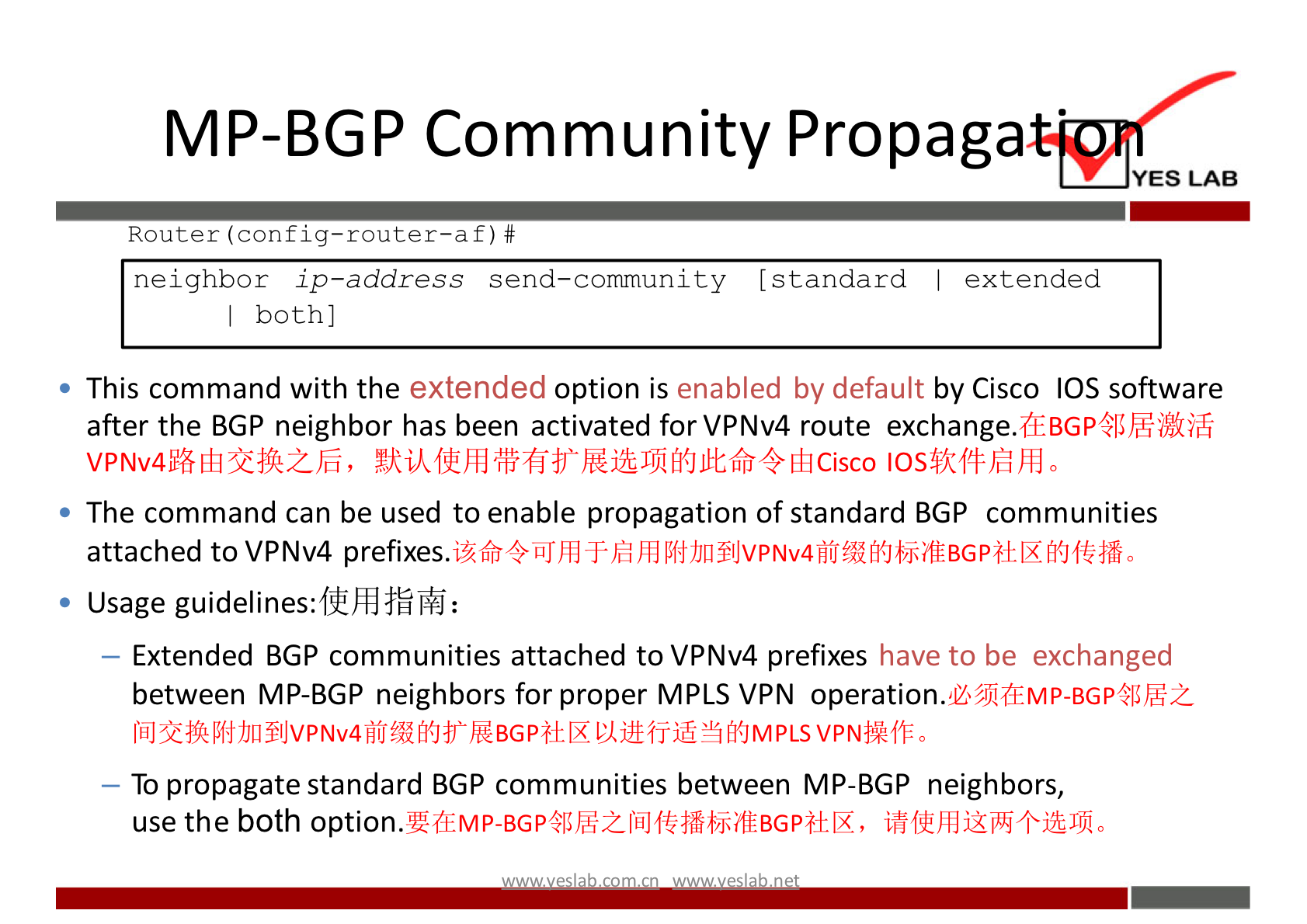 MP-BGP Community Propaga 
YES LAB 
Router (config—router—a f) # 
neighbor ip—address send—community [standard extended 
I both] 
• This command with the extended option is enabled by default by Cisco IOS software 
after the BGP neighbor has been activated for VPNv4 route 
VPNv4ff-611riift2—Jä, IOS$ftffr-h3H10 
• The command can be used to enable propagation of standard BGP communities 
attached to VPNv4 prefixes. 
• Usage guidelines:ß2h4ifilfi: 
— Extended BGP communities attached to VPNv4 prefixes 
have to be exchanged 
between MP-BGP neighbors for proper MPLS VPN operation.'U4iCEMP-BGPQIlkGZ_ 
— To propagate standard BGP communities between MP-BGP neighbors, 
use the both 