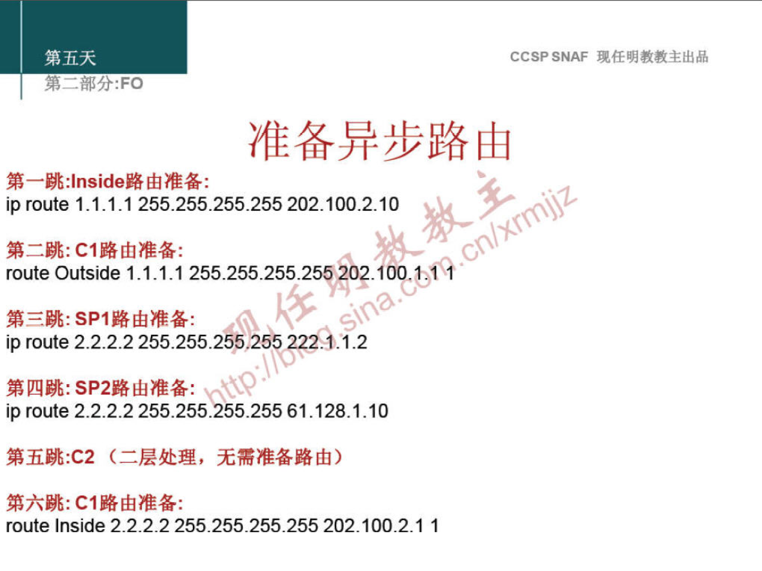 第 五 天 
第 一 部 分 ： FO 
第 一 跳 」 nside 路 由 准 备 ： 
CCSP SNAF 现 任 明 教 教 主 出 品 
准 备 异 步 路 由 
iproute 1 ． 1 ． 1 ． 1 255 ． 255 ． 255 ． 255202 ． 100 ． 2 ． 10 
第 二 跳 ： CI 路 由 准 备 ： 
routeOutside 1 ． 1 ． 1 ． 1 255 ． 255 ． 255 ． 2552001m 1 ） ， 汾 
第 三 跳 ： SPI 路 由 准 备 ： 
ip route 2 ． 2 ． 2 ． 2 255 ． 255 ． 2 255 22 i 1 2 
第 四 跳 ： SP2 路 由 准 备 ： 
iproute 之 2 ， 22255 ． 255 ． 255 ． 25561 ． 12 & 1 ， 10 
第 五 跳 ℃ 2 （ 二 层 处 理 ， 无 需 准 备 路 由 ） 
第 六 跳 ： Cl 路 由 准 备 ： 
route Inside 2 ． 2 ． 2 ． 2 255 ． 255 ． 255 ． 255 202 ． 100 ． 2 ． 1 1 