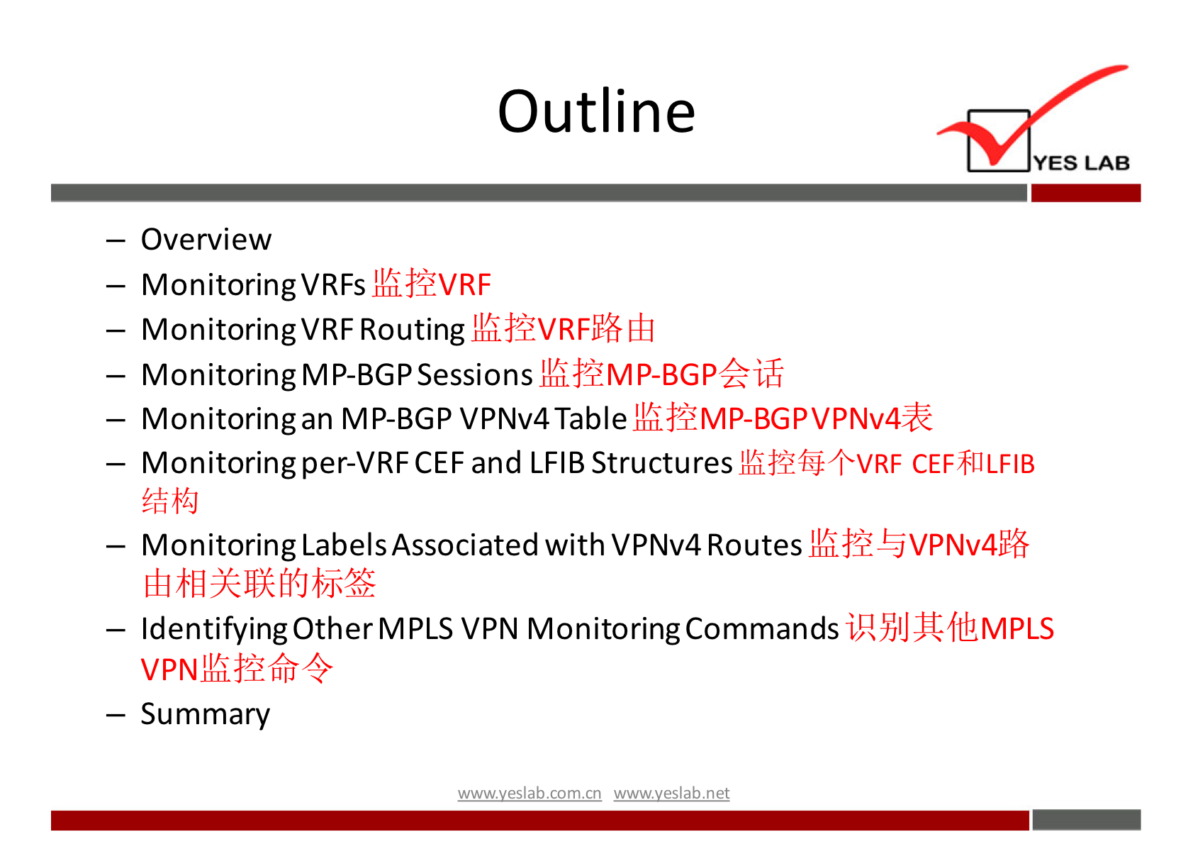 Outline 
YES LAB 
— Overview 
— MonitoringVRFs 
— MonitoringVRF Routing 
— Monitoring MP-BGPSessions111frMP-BGPki1Ti 
- Monitoringan MP-BGPVPNv4TablekfrMP-BGPVPNv4k 
}Kiå+O+VRF CEF811LFlB 
— Monitoring per-VRF CEF and LFIB Structures 
— Monitoring LabelsAssociated with VPNv4 Routes 
fi-{J 
iRYJlJJt-ftUMPLs 
— IdentifyingOtherMPLS VPN Monitoring Commands 
— Summary 