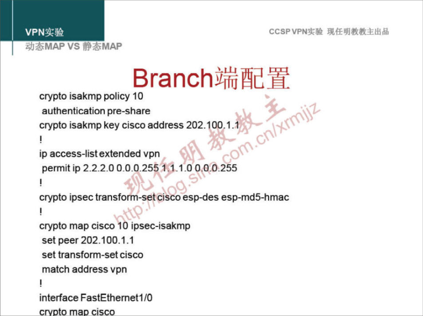 VS „,.MAP 
CCSPVPNN 
BranchjlYÆdY 
crypto isakmp policy 10 
authentication pre-share 
crypto isakmpkey cisco address 202. 001. 
ip access-list extended vpn 
permit ip 2.2-2.0 0.0. -25 
crypto ipsectransfo -setoscoesp-des esp-md5-hmac 
crypto map ciscoäo ipsec-isakmp 
set peer202.100.1.1 
set transform-set Cisco 
match address vpn 
interface FastEthemet110 