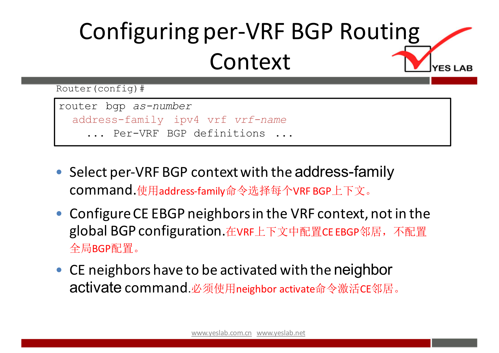 Configuring per-VRF BGP Routing 
Context 
Router (config) # 
router bgp as—number 
address—family ipv4 vrf vrf—name 
Per—VRF BGP definitions 
• Select per-VRF BGP context with the address-family 
command. 
fiLihladdress-family6fi4j&ffØ+VRF BGP± -F 0 
Configure CE EBGP neighbors in the VRF context, not in the 
global BGP 6fidH 
CE neighbors have to be activated with the neighbor 
activate command. 
U4JlfLihdneighbor activateffi 0 
wwwveslab net 
YES LAB 