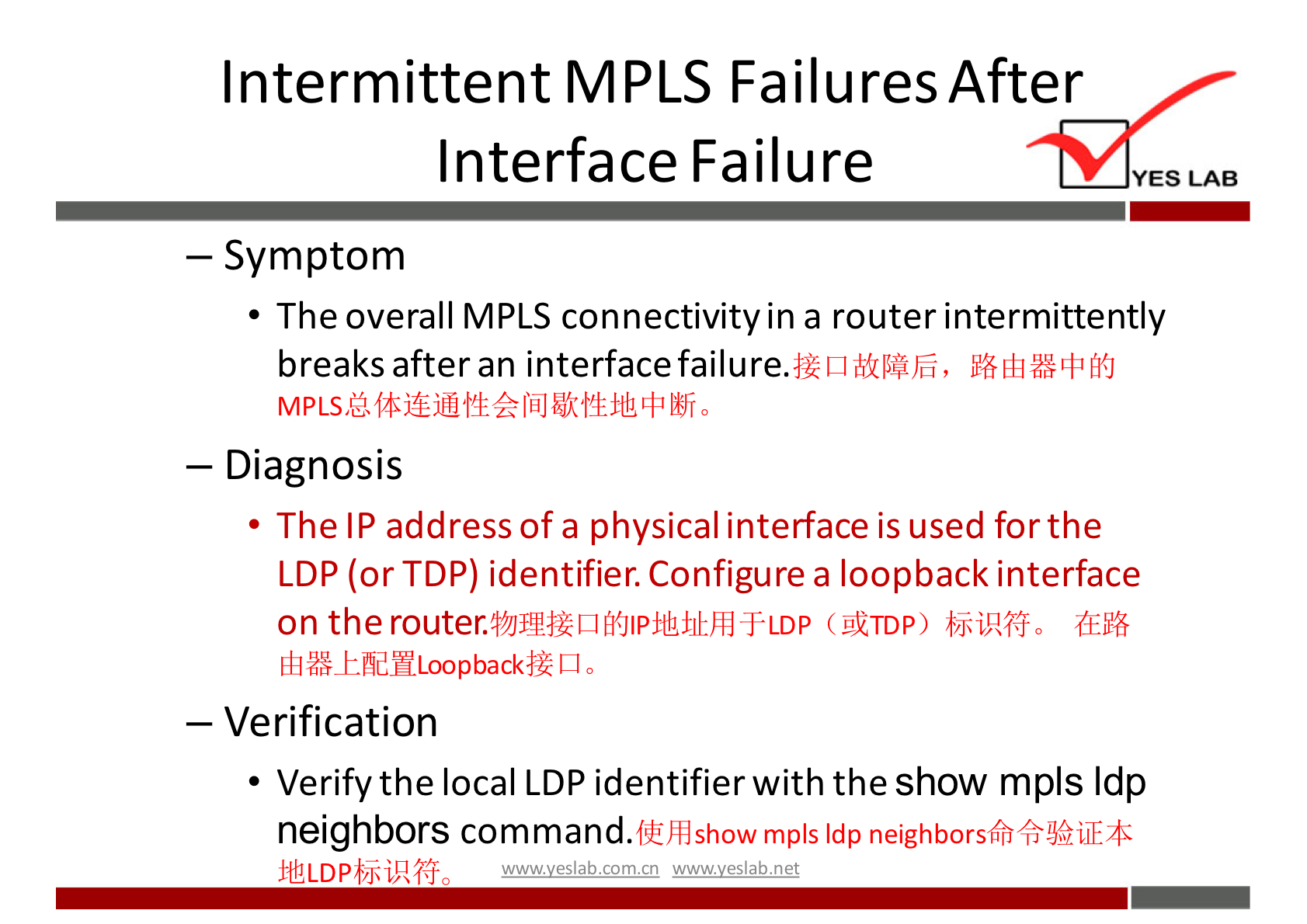 Intermittent MPLS Failures After 
Interface Failure 
— Symptom 
YES LAB 
• The overall MPLS connectivity in a router intermittently 
breaks after an interface failure. 
— Diagnosis 
• The IP address of a physical interface is used for the 
LDP (or TDP) identifier. Configure a loopback interface 
on the roUter.4'ßPfZQf6JlP±U$lhhI+LDP ( giTDP) biiR6fo 
— Verification 
• Verifythe local LDP identifier with the show mpls Idp 
neighbors command. 
(Lift] show mpls Idp neighborsifiifj%iIT18 
wwwveslabnet 