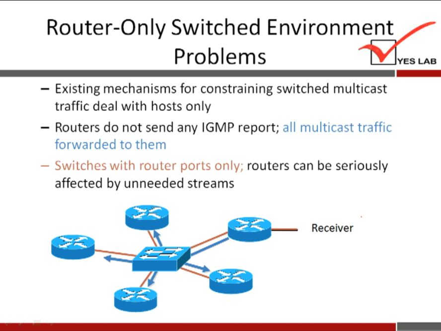 Router-Only Switched Environment 
Problems 
— Existing mechanisms for constraining switched multicast 
traffic deal with hosts only 
— Routers do not send any IGMP report; all multicast traffic 
forwarded to them 
— Switches with router ports only; routers can be seriously 
affected by unneeded streams 
Receiver 
YES LAB 