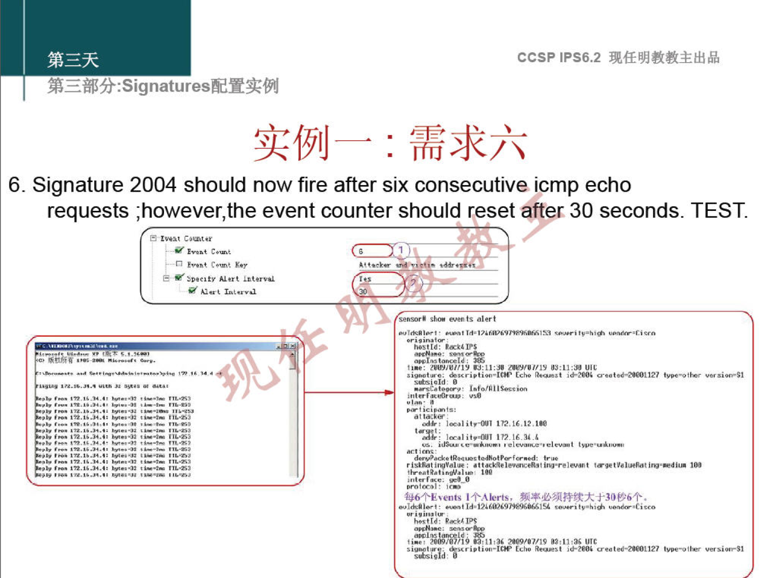 ccsp IPS6.2 6. Signature 2004 should now fire after six consecutive icmp echo requests ;however,the event counter should reset after 30 seconds. TEST. 