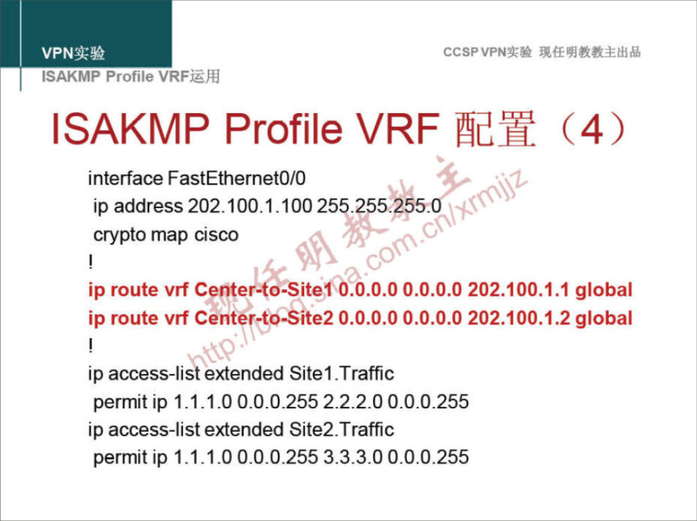 CCSPVPNN 
ISAKMP Profile VRFEÆ 
ISAKMP Profile VRF (4) 
interface FastEthernetO/O 
ip address 202.100.1.100 25 .255. 
crypto map cisco 
ip route vrf Center-to-Sitef O.O.O.O O.O.O.0 202.100.1.1 global 
ip route vrf Center-go-Site2 0.O.O.O O.O.O.0 202.100.1.2 global 
ip access-list extended Sitel. Traffic 
permit ip 1.1.1.0 0.0_0.255 2.2.2.0 0.0.0_255 
ip access-list extended Site2.Traffic 
permit ip 1.1.1.0 0.0.0.255 3.3.3.0 0.0.0.255 