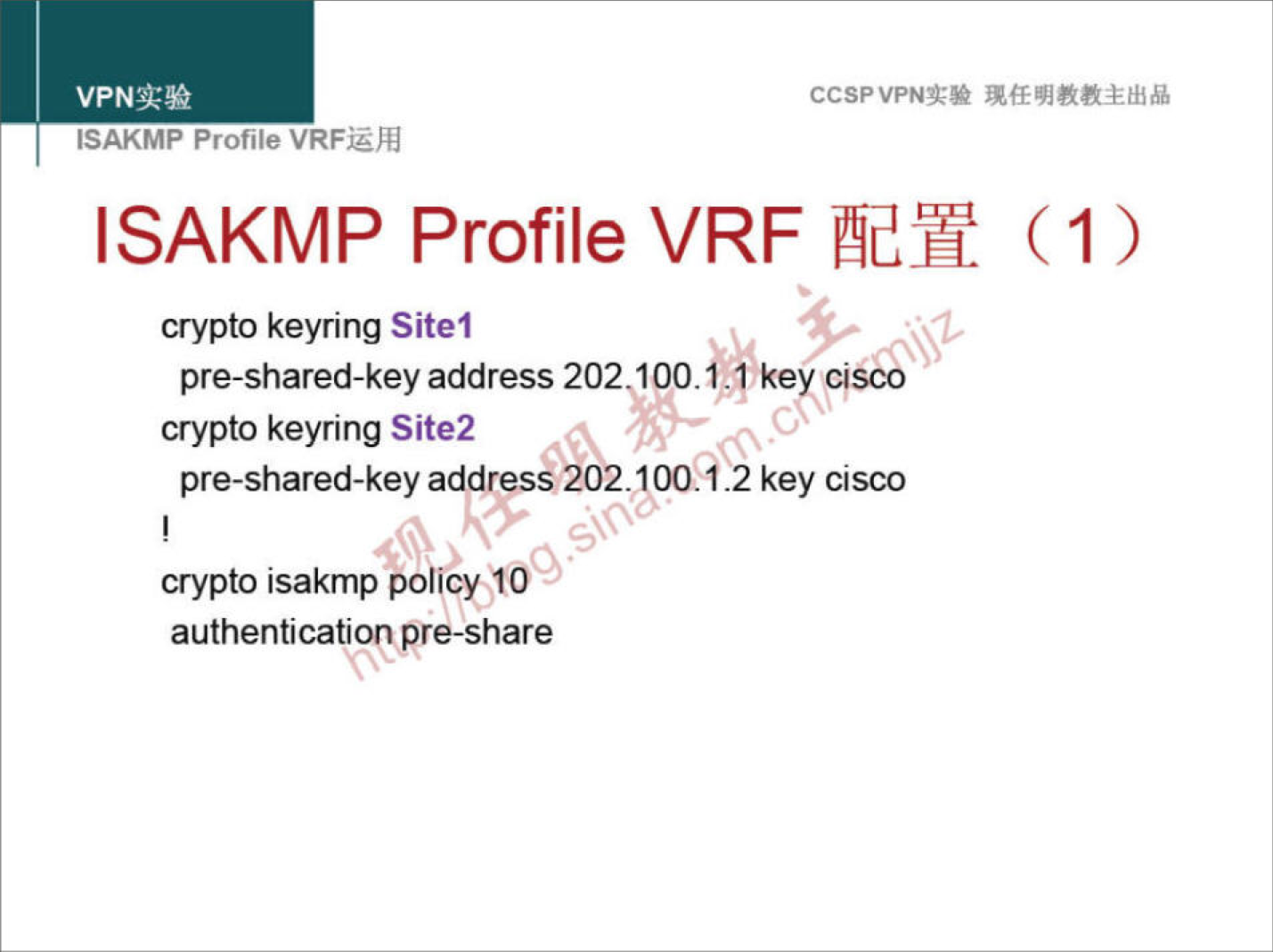 CCSPVPNN 
ISAKMP Profile VRFEÆ 
ISAKMP Profile VRF (1) 
crypto keyring Sitel 
pre-shared-key address 202 100.1.3 kev@sa 
crypto keyring Site2 
pre-shared-key addresS202. .2 key cisco 
crypto isakmp policy 10 
authentication pre-share 