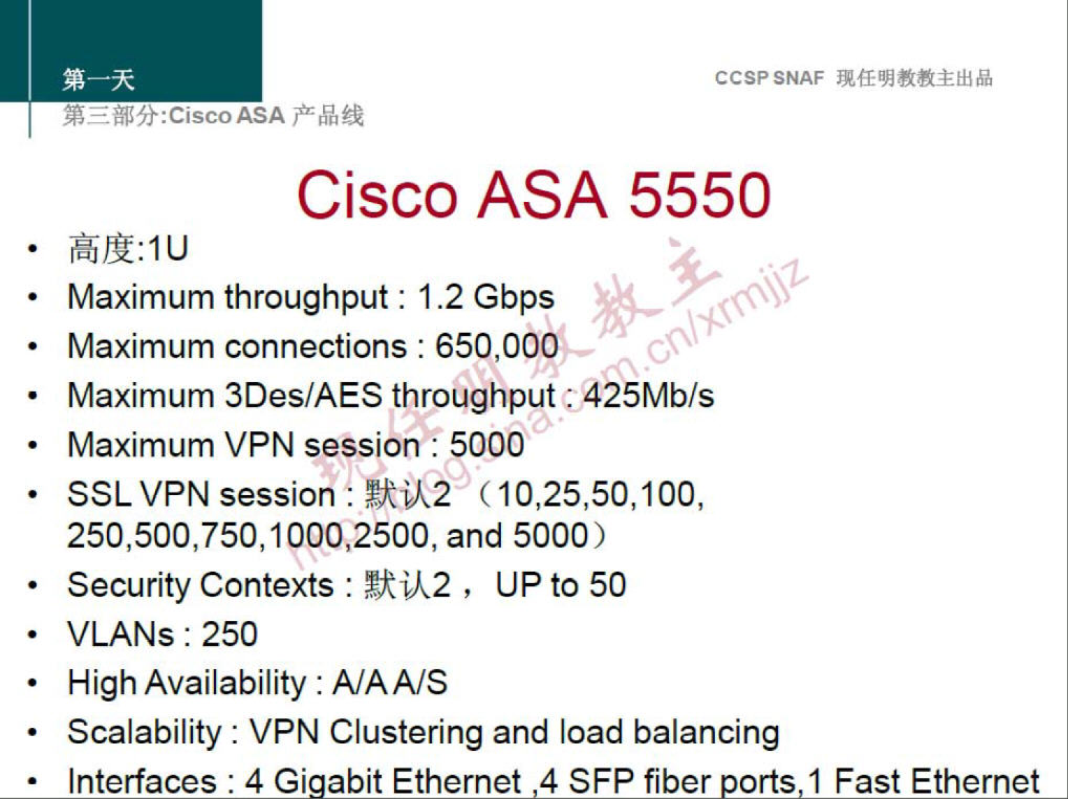 CCSPSNAF 
Cisco ASA 5550 
Maximum throughput : 1.2 Gbps 
• 
00 
Maximum connections : 650,000 
• 
Maximum 3Des/AES throughput —425Mb/s 
• 
Maximum VPN session : 5000 
• 
SSL VPN session . Ytik2 
1000,2500, and 5000 
Security Contexts : , UP to 50 
VLANs : 250 
High Availability : A/AA/S 
Scalability : VPN Clustering and load balancing 
• Interfaces : 4 Gi abit Ethernet 4 SFP fiber orts 1 Fast Ethernet 