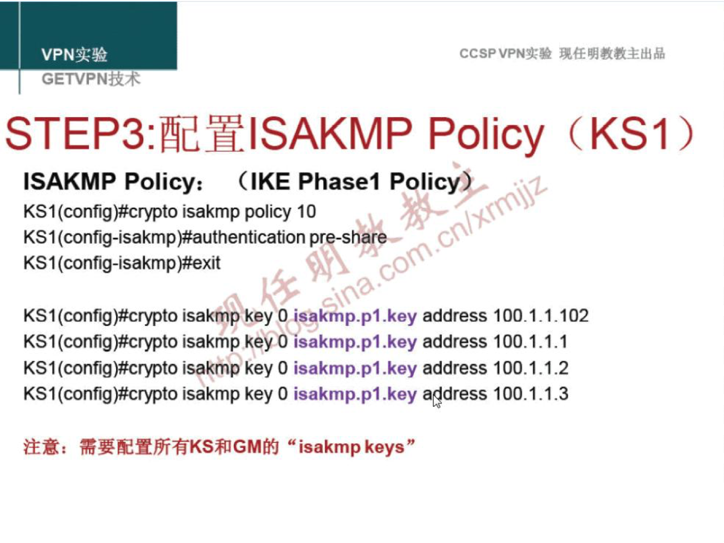 VPNit* GETVPNiR4 CCSPVPNN STEP3:æHlSAKMP Policy (KSI ) ISAKMP Policy: (IKE Phasel Policy.- KSI isakmp policy 10 KS I (config-isakmp)#authentication pre-share— KS 1 (config-isakmp)#exit KS1(config)#crypto isakrnp Key O i"kmp.pl .key address 100.1.1.102 KS 1 isakmp key O isakmp.pl .key address 100.1.1.1 KSI(config)#crypto isakmp key O isakmp.pl .key address 100.1.1.2 KS1(config)#crypto isakmp key O isakmp.pl .key agciress 100.1.1.3 "isakmpkeys" 