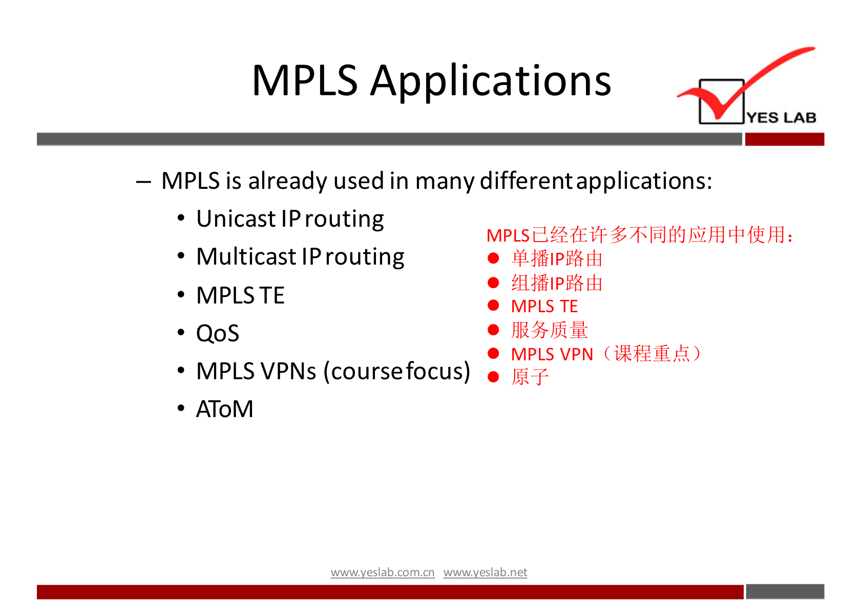 MPLS Applications YES LAB — MPLS is already used in many differentapplications: • Unicast IProuting • Multicast IProuting • MPLSTE . QoS MPLS VPNs (coursefocus) • AToM MPLS TE MPLS VPN wwwveslabnet 