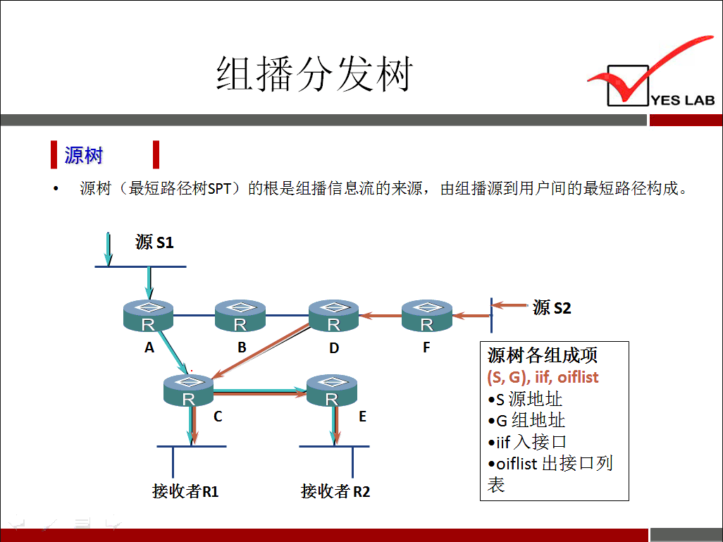 YES LAB 《 源 树 《 源 树 （ 最 短 路 径 树 SPT ） 的 根 是 组 播 信 息 流 的 来 源 ， 由 组 播 源 到 用 户 间 的 最 短 路 径 构 成 。 源 Sl 源 S2 B 源 树 各 组 成 项 (), G), 此 oiflist •s 源 地 址 C E •G 组 地 址 •iif 入 接 囗 •oiflist 出 接 囗 列 表 接 收 者 RI 接 收 者 R2 