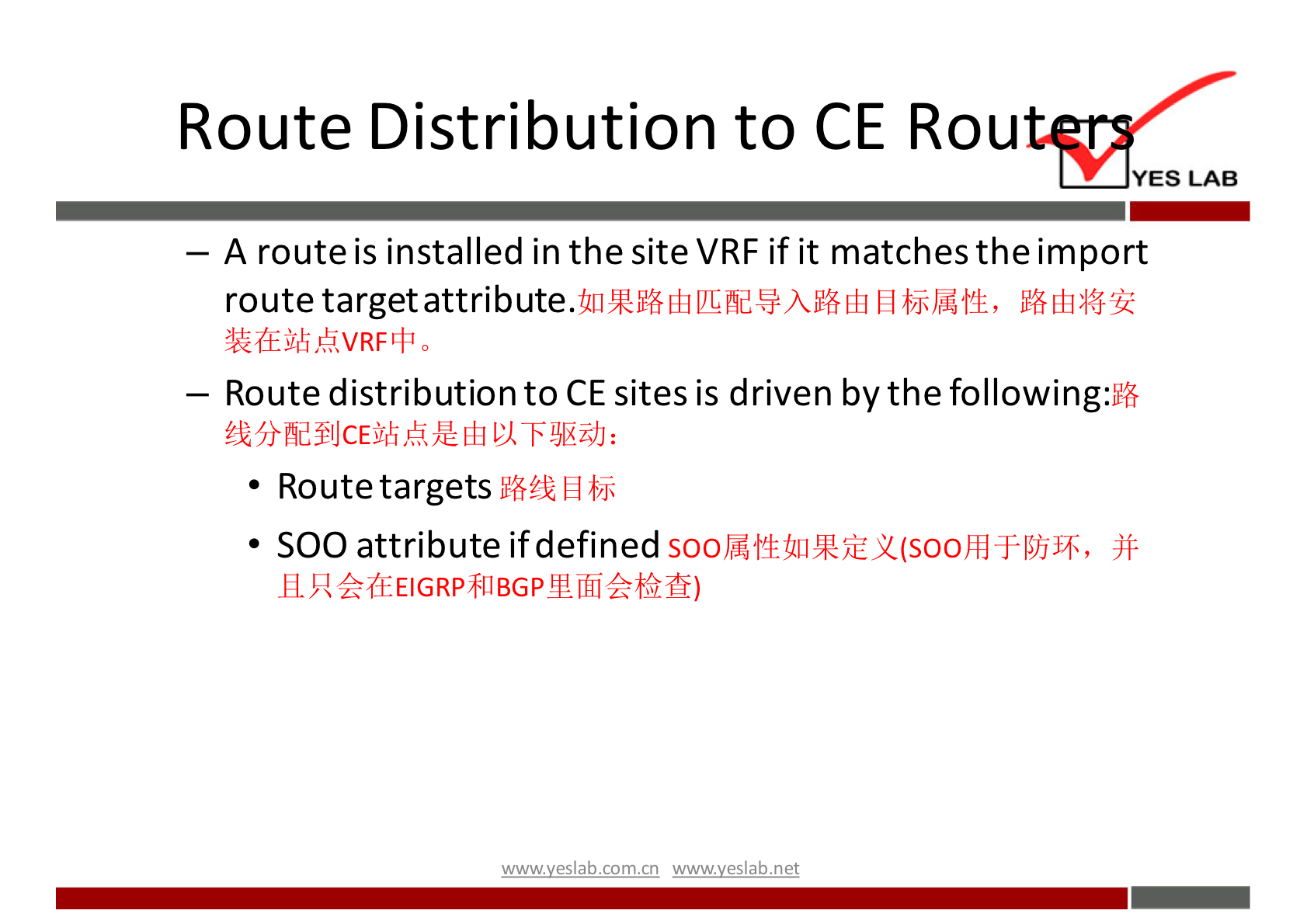 Route Distribution to CE Rou 
YES LAB 
— A route is installed in the site VRF if it matches the import 
route 
— Route distribution to CE sites is driven by the 
• Route targets 
• SOO attribute ifdefined 
wwwveslabnet 