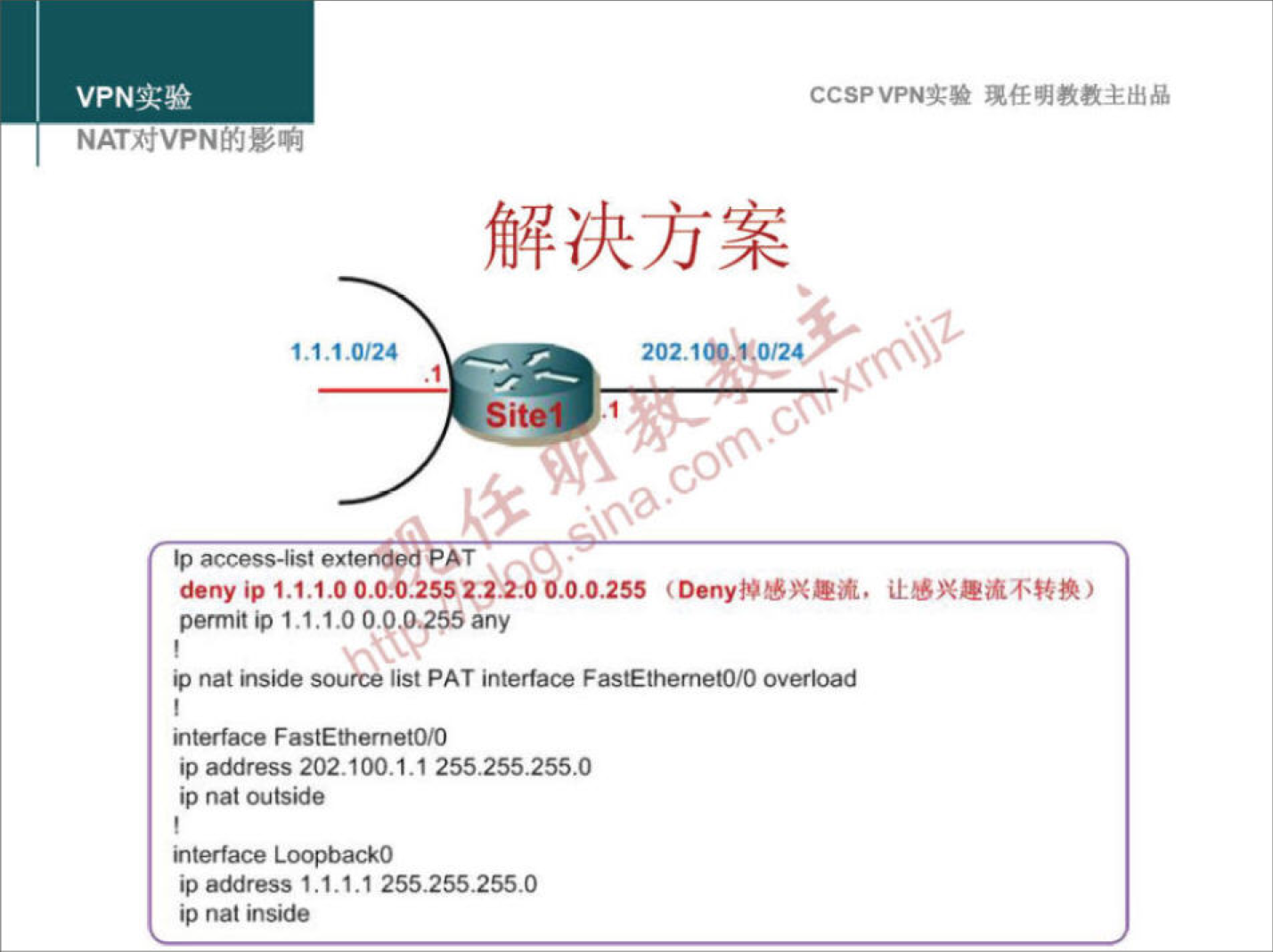 VPN 实 验 
NATÅ'JVPNtT•JW*! 
1 · 1 · 1.0124 
CCSPVPN 实 验 现 任 明 教 教 主 出 品 
解 决 方 案 
access-list 
n 疒 PI ， 1 ， 1 ． 00 ． 0 ． 0 ． 2 60 0 ． 2 弱 （ Deny 掉 感 兴 流 ， 让 感 兴 流 不 转 換 ） 
permit 巾 1 1.00 甲 any 
list PAT interface FastEthemetO/O OV 《 oad 
吡 t 地 e 
"IMace FastEthernetO/O 
巾 address 202 · 1 ． 1 ． 1 255 ． 255 ． 255 · 0 
巾 nat Outside 
“ f “ eL 闐 凶 a 0 
巾 address 1.1 ． 1 ． 1 25 & 25 2 ． 0 
巾 nat tnside 