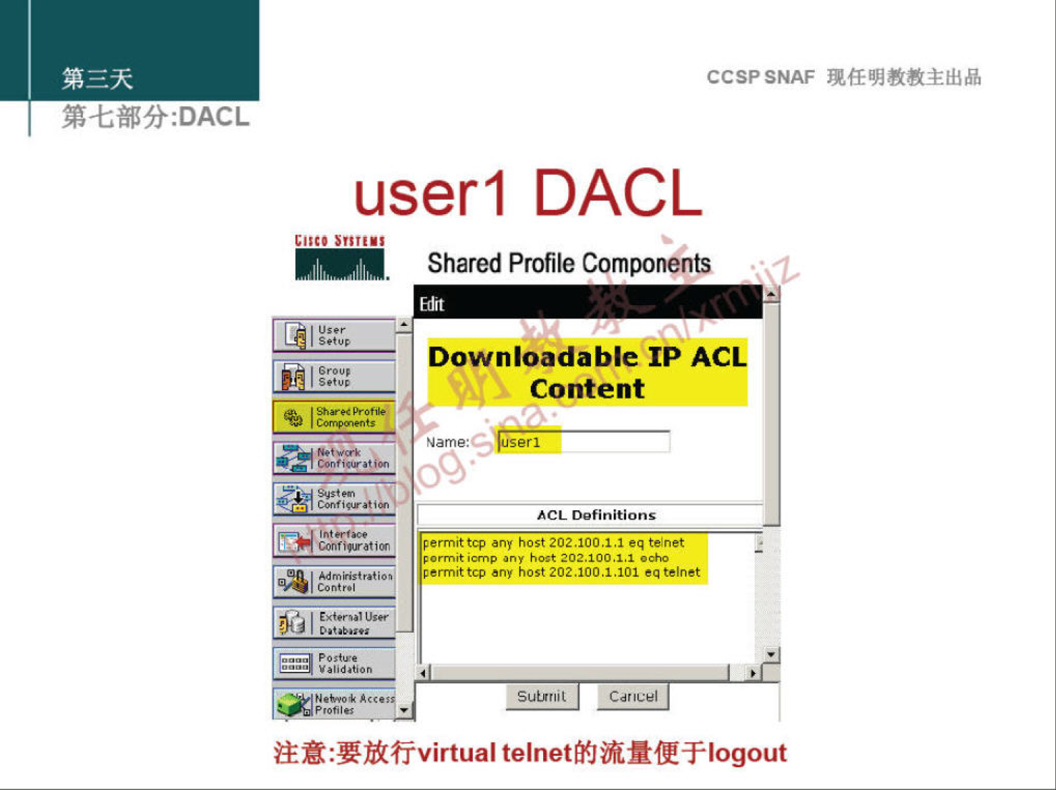 CCSPSNAF 
: DACL 
userl DACL 
Shared Profile Components 
Downloadable IP ACL 
Content 
ACL 
202.100.1.1 eq tenet 
202.100.1.1 
vermittco any host 202,100.1.101 telnet 