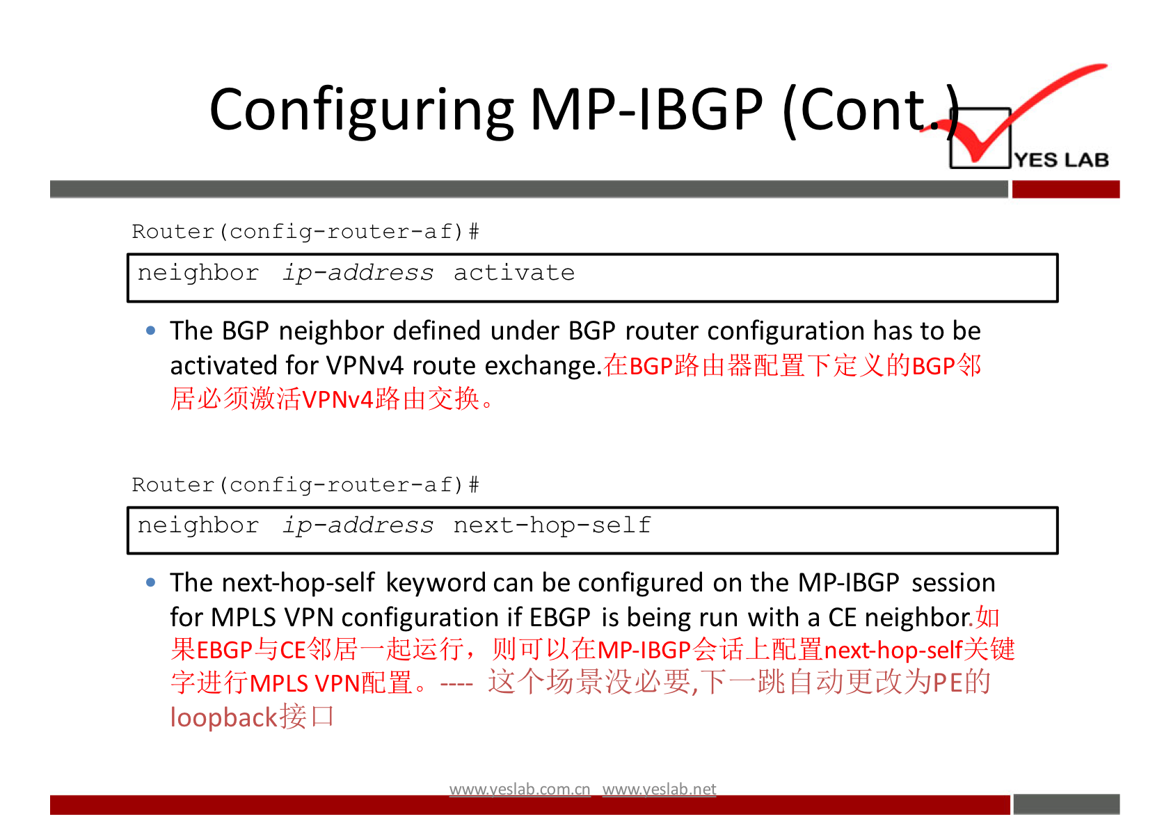 Configuring MP-IBGP (Con 
YES LAB 
Router f) # 
neighbor ip—address activate 
• The BGP neighbor defined under BGP router configuration has to be 
activated for VPNv4 route exchange.dEBGPff6 -F UCMJBGP($II 
Router f) # 
neighbor ip—address next—hop—self 
• The next-hop-self keyword can be configured on the MP-IBGP session 
for MPLS VPN configuration if EBGP is being run with a CE neighbor.4L] 
RE-BGp5CE-4VJE—EiÉfi, 
loopbackjz 