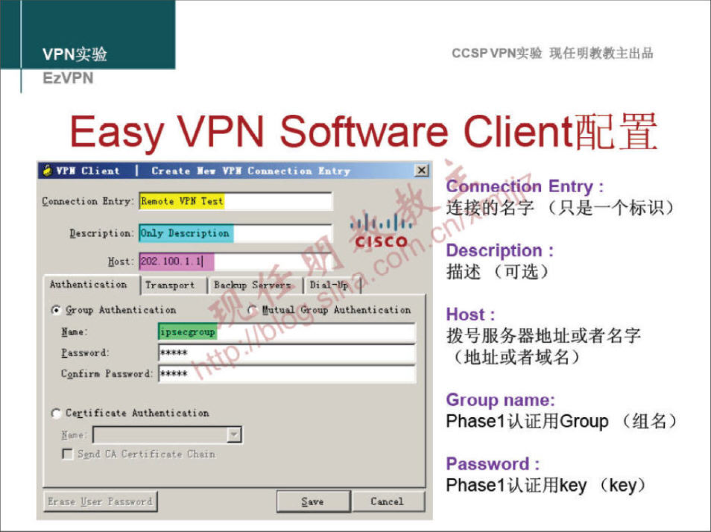 VPNa:» EzVPN CCSPVPNT-• Easy VPN Software ClientÅdY é6nnecti8n Entry : Authentication CA Description : ("lit) Host : Group name: Phasel ikilEÆGroup (åIZ) Password : Phasel ikilfhlkey (key) 