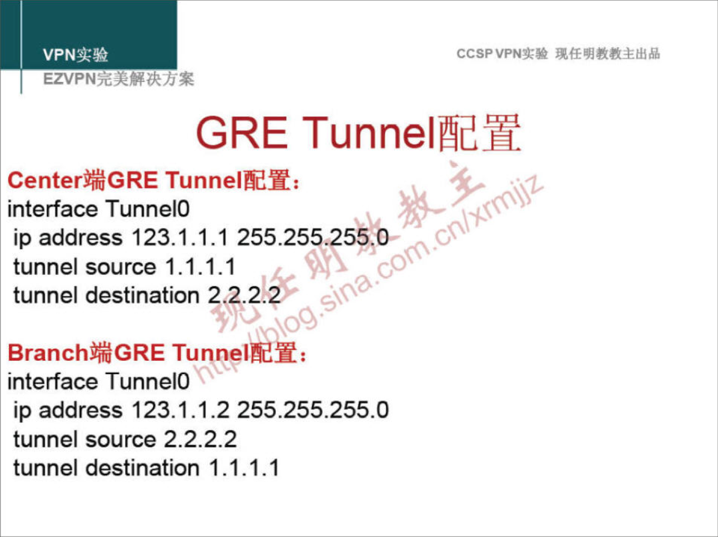 CCSPVPNN 
GRE 
Center*GRE TunnelEft: 
interface TunnelO 
ip address 123.1.1.1 255.25525" 
tunnel source 1.1.1.1 
tunnel destination .2.2.?Y 
Branch*GRE 
interface TunnelO 
ip address 123.1.1.2 255.255.255.0 
tunnel source 2.2.2.2 
tunnel destination 1.1.1.1 