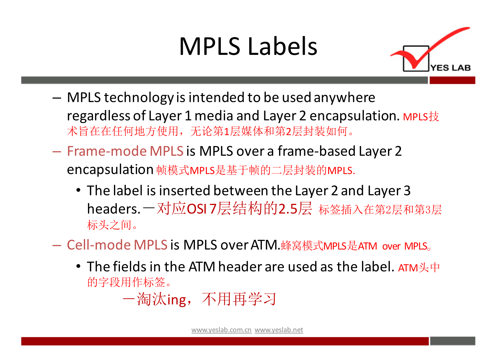 MPLS Labels YES LAB — MPLS technologyis intended to be used anywhere regardless of Layer 1 media and Layer 2 encapsulation. — Frame-mode MPLS is MPLS over a frame-based Layer 2 encapsulation ZLä+j%MJMPLS. • The label is inserted between the Layer 2 and Layer 3 —ßJ-ßi0Sl headers. bjOk2—TÄJ0 — Cell-mode MPLS is MPLS over ATM. over MPLSO • The fields in the ATM header are used as the label. —ifJi)king, w.w.v.yeslab.com.cn 