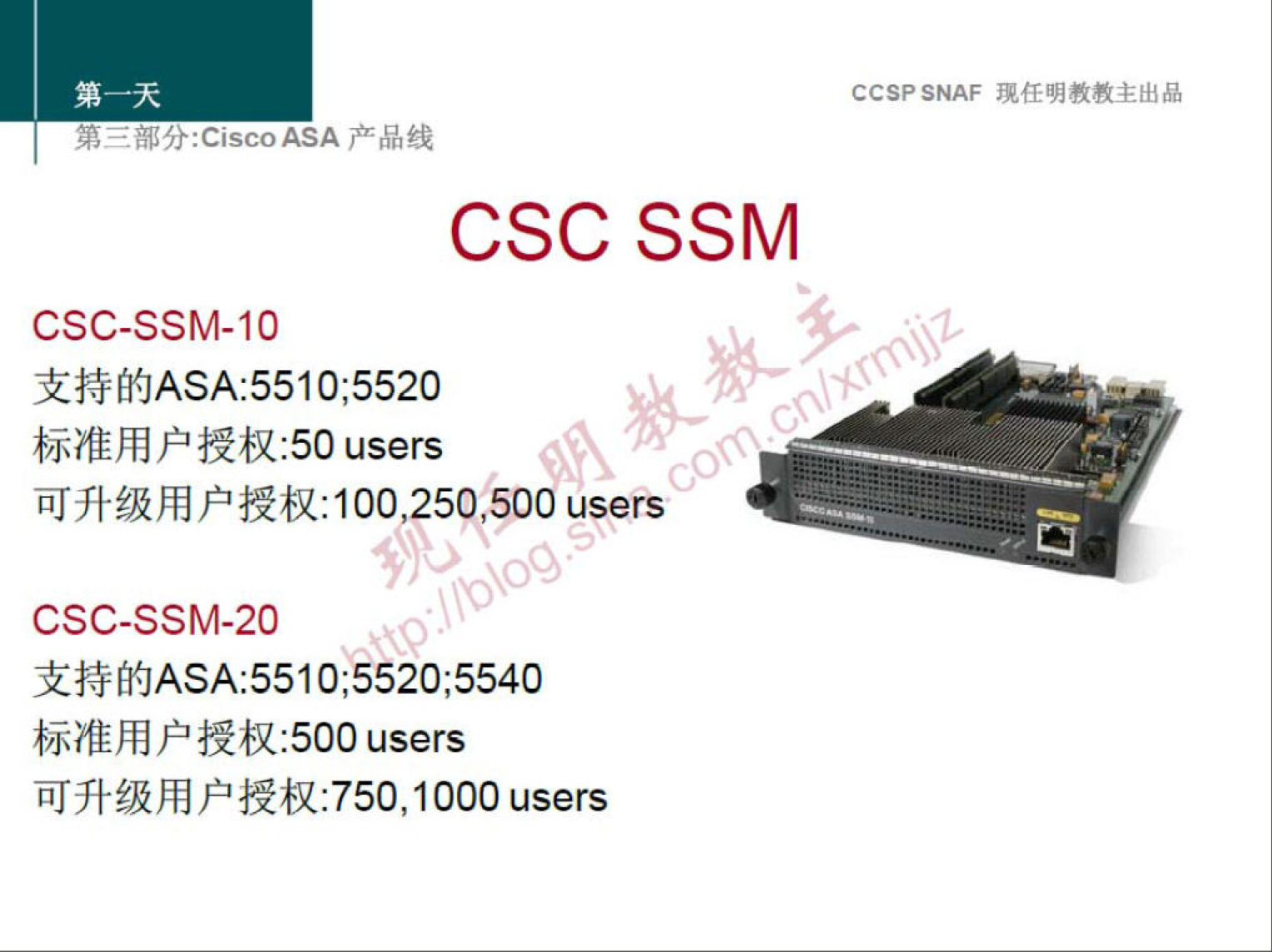 CCSP SNAF 现 任 明 教 教 主 出 品 
第 
《 分 ℃ iscoASA 产 品 线 
CSC SSM 
CSC-SSM-IO 
支 持 的 ASA ： 5510 ； 5520 
标 准 用 户 授 权 ： 50users 
0 
可 升 级 用 户 授 权 ： 100 250 ， 500 users 
CSC-SS M · 20 
支 持 的 ASA ： 5510 ； 5520 ； 5540 
标 准 用 户 授 权 ： 500 users 
可 升 级 用 户 授 权 ： 750 ， 1000 users 