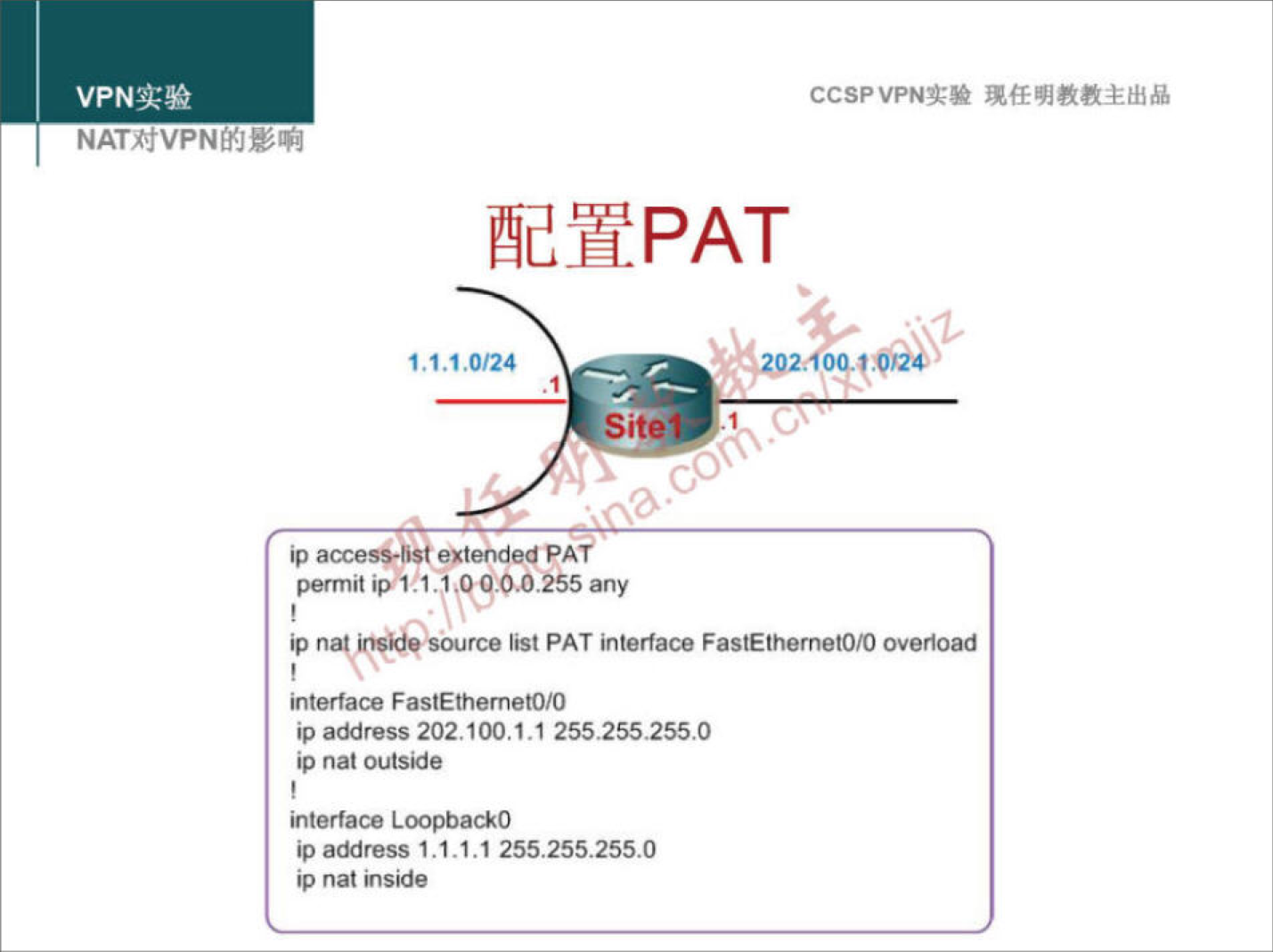 VPNæ* 
CCSPVPNN 
1.1.1.0'24 
ip accesS-bsi extended PA 
permit VI :1.1 98.00255 any 
ip 
rce list PAT interface FastEthernetO/O overload 
interface FastEthernetOtO 
ip address 202.100.1.1 255255255.0 
ip nat Outside 
LOOPbackO 
iP address 1.1.1.1 255.255255.0 
ip nat inside 