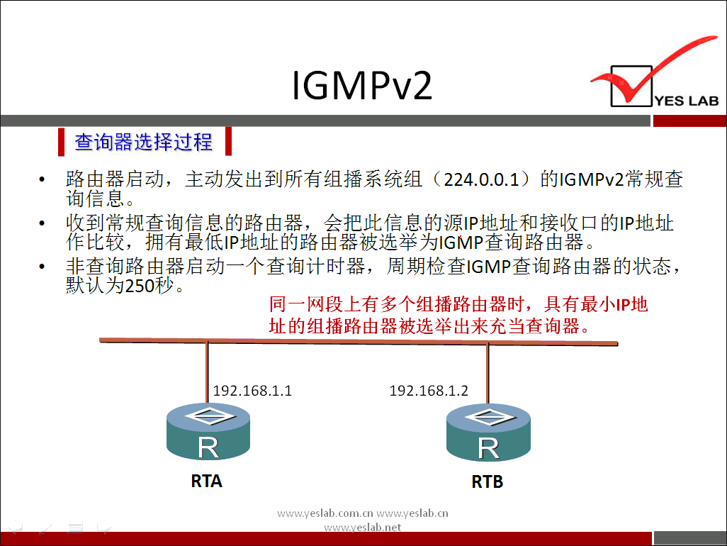 IGMPv2 
YES LAB 
《 查 询 器 选 择 过 程 
路 由 器 启 动 ， 王 动 发 出 到 所 有 组 播 系 统 组 （ 224 ． 0 ． 0 ． 1 ） 的 ℃ MPv2 常 规 查 
询 信 息 。 
收 到 常 规 查 询 信 息 的 路 由 器 ， 会 把 此 信 息 的 源 | p 地 址 和 接 收 口 的 | p 地 址 
作 比 较 ， 拥 有 最 低 | p 地 址 的 路 由 器 被 选 举 为 ℃ MP 查 询 路 由 器 。 
非 查 询 路 由 器 启 动 一 个 查 询 计 时 器 ， 周 期 检 查 ℃ MP 查 询 路 由 器 的 状 态 ， 
默 认 为 250 秒 。 
同 一 网 段 上 有 多 个 组 播 路 由 器 时 ， 具 有 最 小 《 p 地 
址 的 组 播 路 由 器 被 选 举 出 来 充 当 查 询 器 。 
192 ． 168 ． 1 ． 1 
RTA 
192 ． 168 ． 1 ． 2 
RTB 
e a 》 
卜 」 ab net 