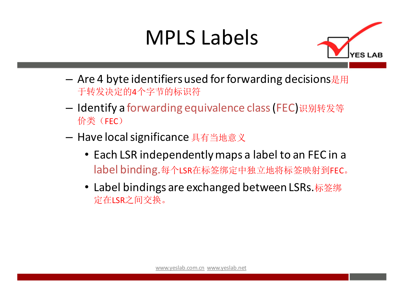 MPLS Labels YES LAB — Are 4 byte identifiers used for forwarding decisions,eh} — Identify a forwarding equivalence class (fry: (FEC) — Have local significance • Each LSR independently maps a label to an FEC in a label • Label bindings are exchanged between w.w.v.yeslab.com.cn 