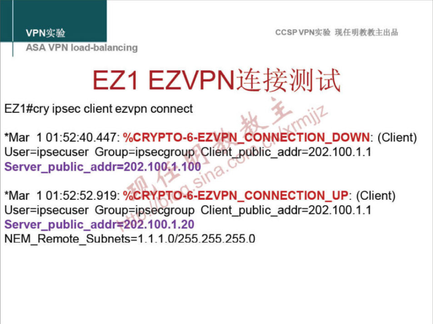 VPNN 
ASA VPN ioaa-oalancing 
CCSPVPNT* 
EZI EZVPNjGåZiUlIJijt 
EZ1#cry ipsec client ezvpn connect 
*Mar 1 (Client) 
User=ipsecuser Group=ipsecgroup Client 
Server_public_addr=202.100 1.100 
*Mar 1 (Client) 
User=ipsecuser Group=ipsecgroup Client_public_addr=202.100.I.1 
NEM Remote Subnets-1 1 1 0/255 255 255 0 