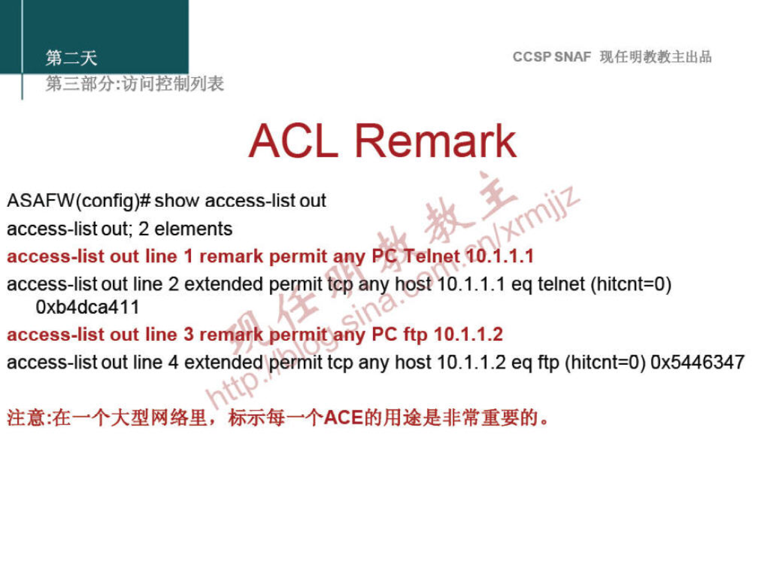 CCSPSNAF 
ACL Remark 
ASAFW(config)# show access-list out 
access-list out; 2 elements 
iblh.l.l 
access-list out line 1 remark permit any 
access-list out line 2 extended permittcpan hest 10.1.1.1 eq telnet (hitcnt=O) 
Oxb4dca411 
access-list out line 3 reniark pe mita".' PC ftp 10.1.1.2 
access-list out line 4 extended permit tcp any host 10.1.1.2 eq ftp (hitcnt=O) Ox5446347 