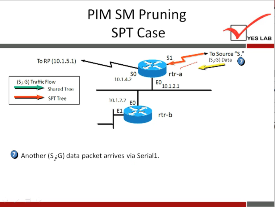 PIM SM Pruning 
SPT Case 
To RP (10.1.5.1) 
G) Traffic Flow 
Shared 
ST Tree 
so 
10.1.4.') 
10.19.) 
El 
YES LAB 
To Source "S 
(SBC) Data 
rtr-a 
10.1.2.1 
rtr-b 
Another (SiG) data packet arrives via Seriall. 