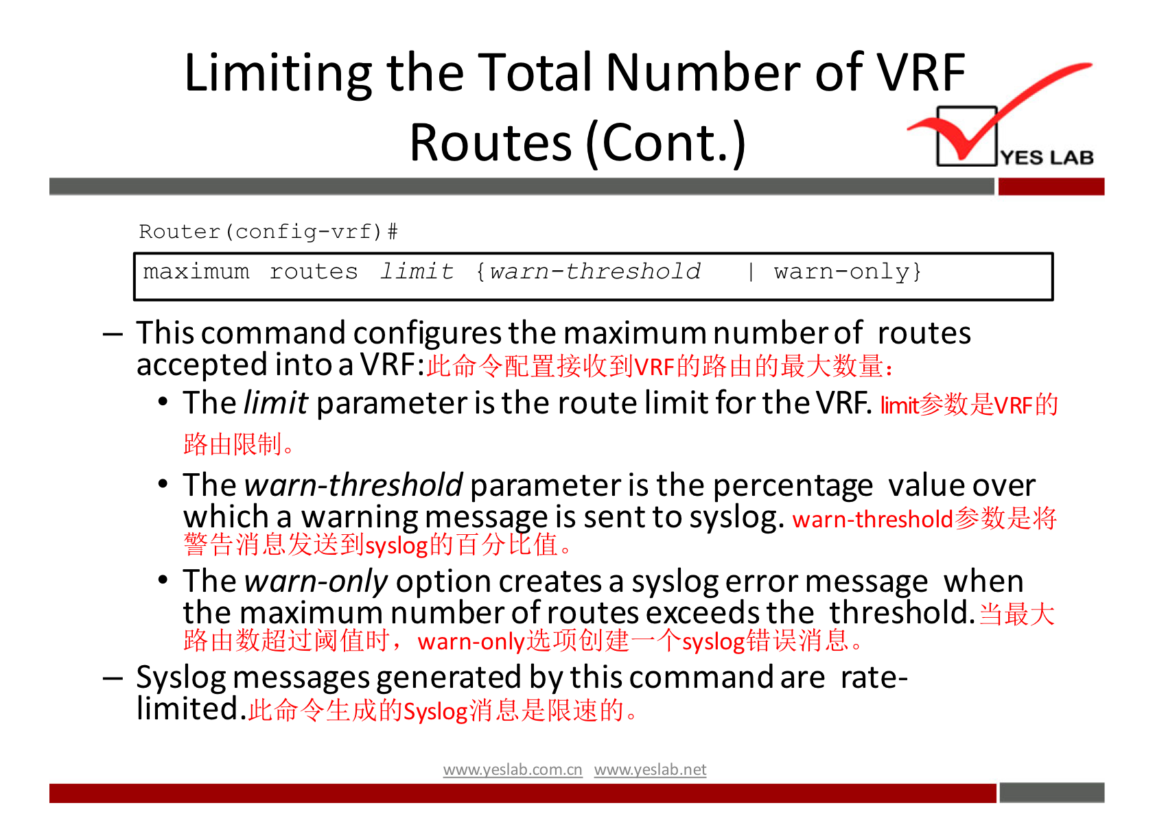 Limiting the Total Number of VRF 
Routes (Cont.) 
Router (config—vrf) # 
maximum routes limit { warn—threshold warn—only} 
YES LAB 
— This command configures the maximum number of routes 
accepted into a 
• The limit parameter is the route limit for the VRF. 
limitSüZVRFMJ 
• The warn-threshold parameter is the percentage value over 
which a warning message is sent to syslog. 
warn-th 
• The warn-only option creates a syslog error message when 
the maximum number of routes exceeds the 
— Syslog messages generated by this command are rate- 
limited. 
wwwveslab net 