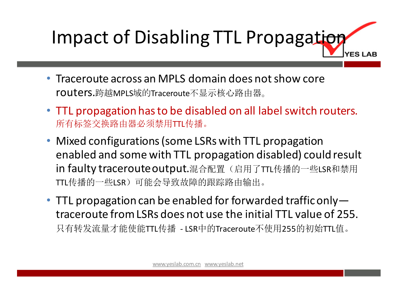 Impact of Disabling TTL Propaga 
YES LAB 
Traceroute across an MPLS domain does not show core 
TTL propagation has to be disabled on all label switch routers. 
Mixed configurations (some LSRs with TTL propagation 
enabled and some with TTL propagation disabled) could result 
in faulty tracerouteoutput.itéfrfidfl 
TTL propagation can be enabled for forwarded traffic only— 
traceroute from LSRs does not use the initial TTL value of 255. 
wwwveslabnet 