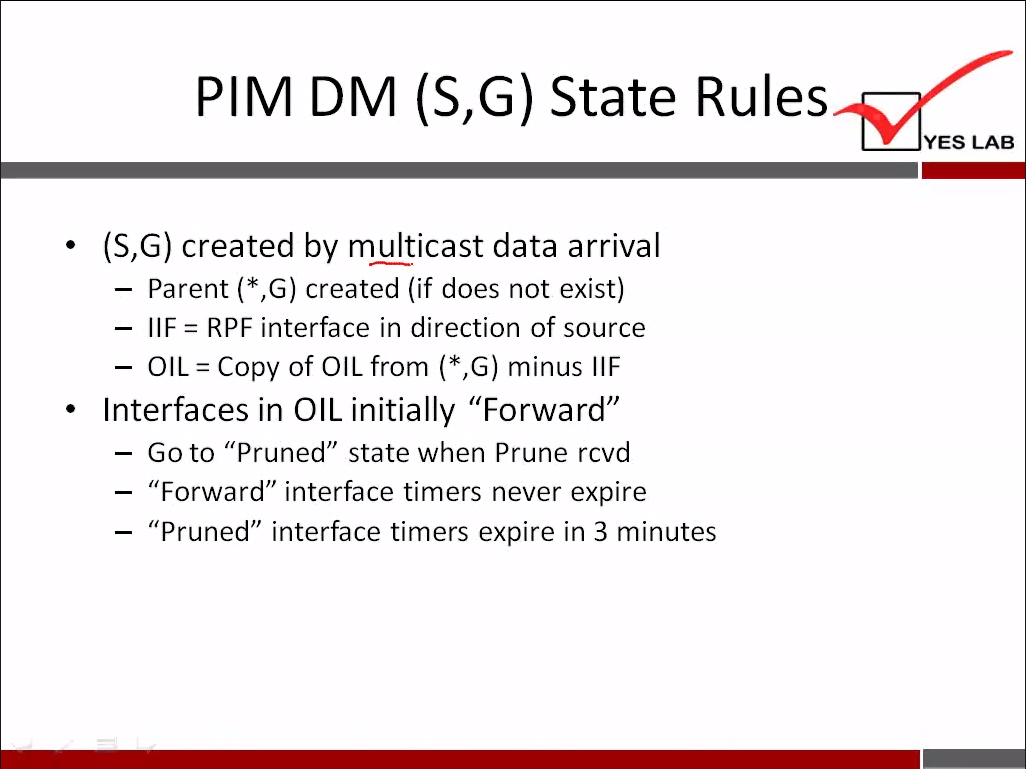 • 
PIM DM (s,G) State Rules 
YES LAB 
(S,G) created by multicast data arrival 
— Parent ( * G) created (if does not exist) 
— IIF = RPF interface in direction of source 
— OIL = Copy of OIL from (*,G) minus IIF 
Interfaces in OIL initially "Forward" 
Go to "Pruned" state when Prune rcvd 
'Forward" interface timers never expire 
'Pruned" interface timers expire in 3 minutes 