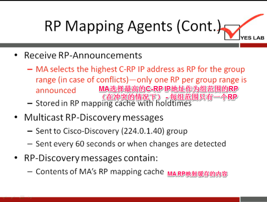 RP Mapping Agents (Cont. 
YES LAB 
• Receive RP-Announcements 
— MA selects the highest C-RP IP address as RP for the group 
range (in case of conflicts)—only one RP per group range is 
announced 
— Stored in RP mapping cache with holcftimes 
Multicast RP-Discovery messages 
— Sent to Cisco-Discovery (224.0.1.40) group 
— Sent every 60 seconds or when changes are detected 
RP-Discovery messages contain: 
— Contents of MA's RP mapping cache 