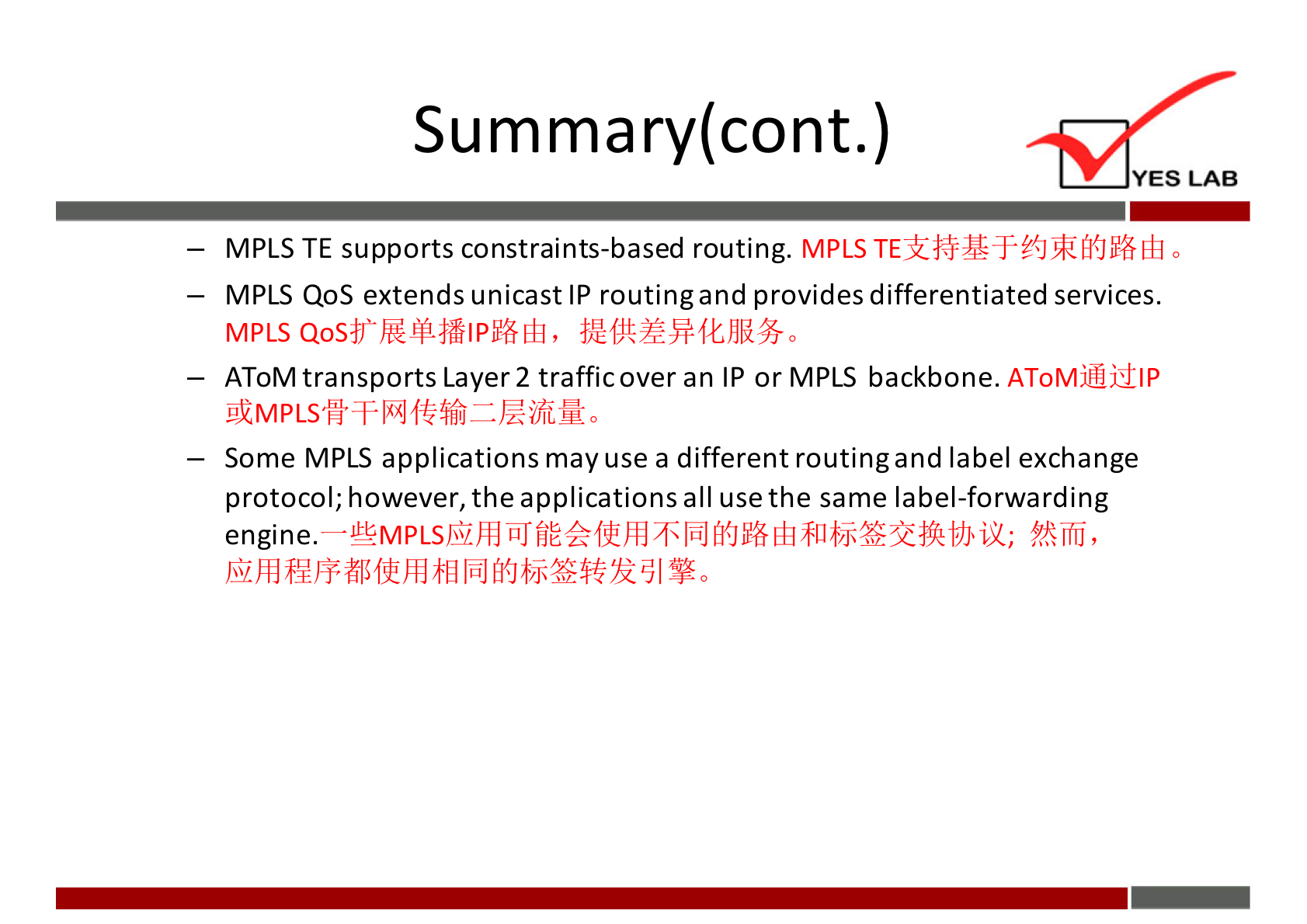 Summary(cont.) YES LAB — MPLS TE supports constraints-based routing. MPLS MPLS QoS extends unicast IP routingand provides differentiated services. MPLS QoSffhgulPN6ffi, — AToM transports Layer 2 trafficover an IP or MPLS backbone. — Some MPLS applications may use a different routingand label exchange protocol; however, the applications all use the same label-forwarding engine. 2Ufij, 