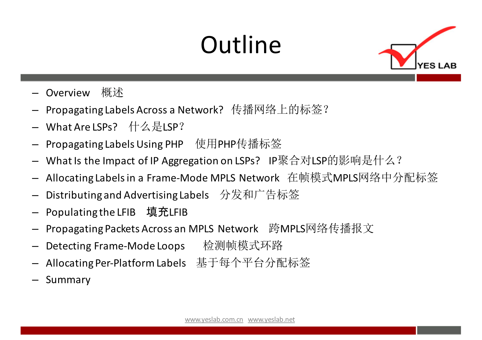 Outline 
YES LAB 
— Overview 
— Propagating Labels Across a Network? 
- What Are LSPs? ffZÆLSP? 
— Propagating Labels Using PHP 
— What Is the Impact of IP Aggregation on LSPs? ? 
— Allocating Labels in a Frame-Mode MPLS Network 
— Distributing and Advertising Labels 
- Populatingthe IA-3tLFlB 
— Propagating Packets Across an MPLS Network 
— Detecting Frame-Mode Loops 
— Allocating Per-Platform Labels 
— Summary 
wwwveslabnet 