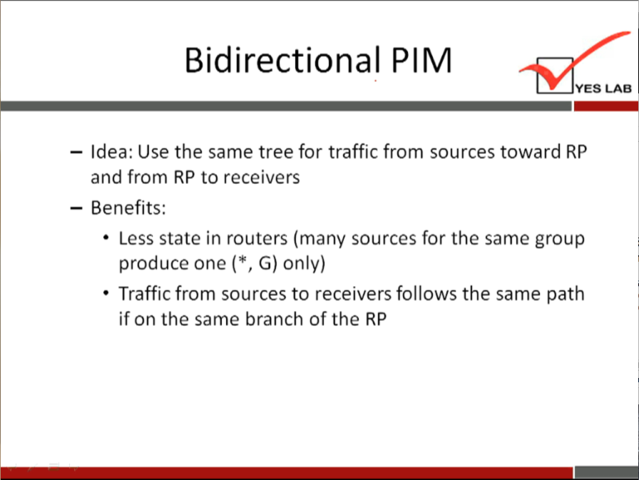 Bidirectional PIM 
YES LAB 
— Idea: Use the same tree for traffic from sources toward RP 
and from RP to receivers 
— Benefits: 
• Less state in routers (many sources for the same group 
produce one ( * , G) only) 
• Traffic from sources to receivers follows the same path 
if on the same branch of the RP 