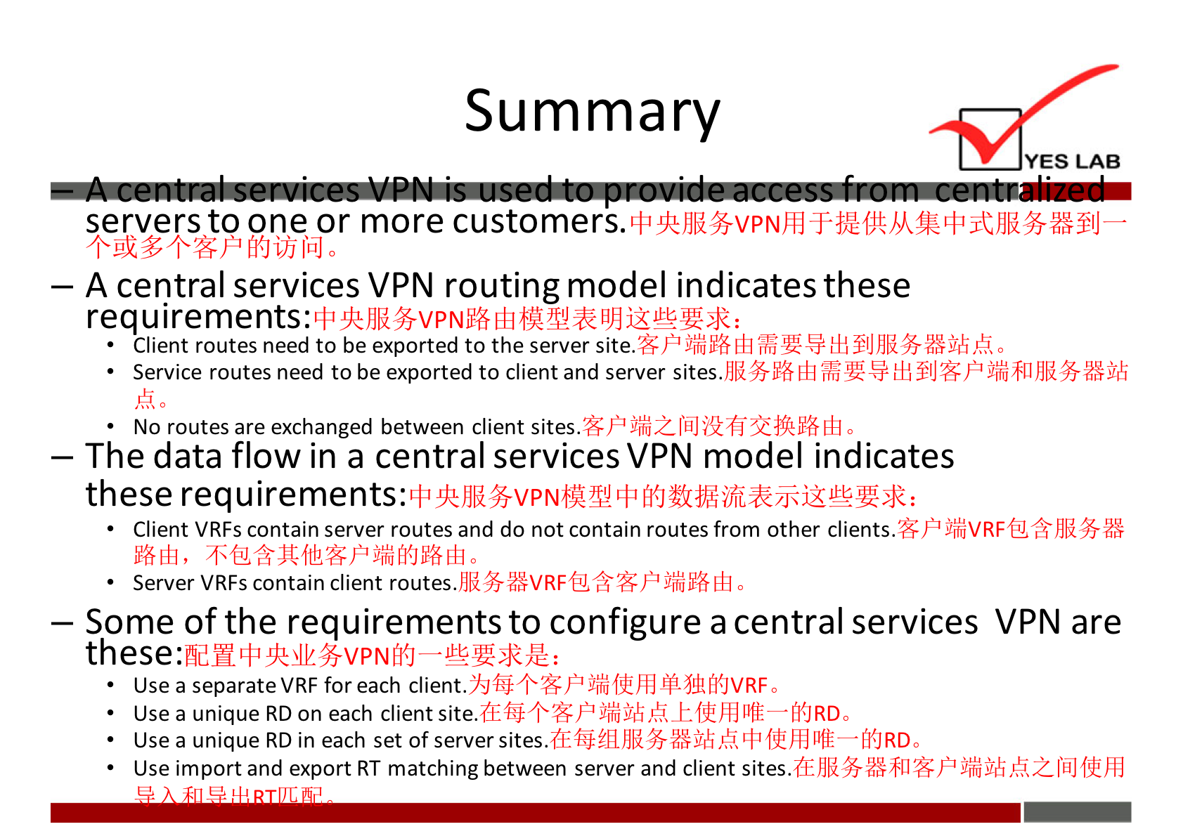 Summary 
YES LAB 
servers to one or more customers. 
— A central services VPN routing model indicates these 
requirements: 
Client routes need to be exported to the server site. 
Service routes need to be exported to client and server sites. 
No routes are exchanged between client sites. 
— The data flow in a central services VPN model indicates 
these requirements: + 
Client VRFs contain server routes and do not contain routes from other clients. 
Server VRFs contain client routes. 
— Some of the requirements to configure a central services VPN are 
Use a separate VRF for each MJVRF 0 
Use a unique RD on each client site. 
Use a unique RD in each set of server sites. 
Use import and export RT matching between server and client sites 