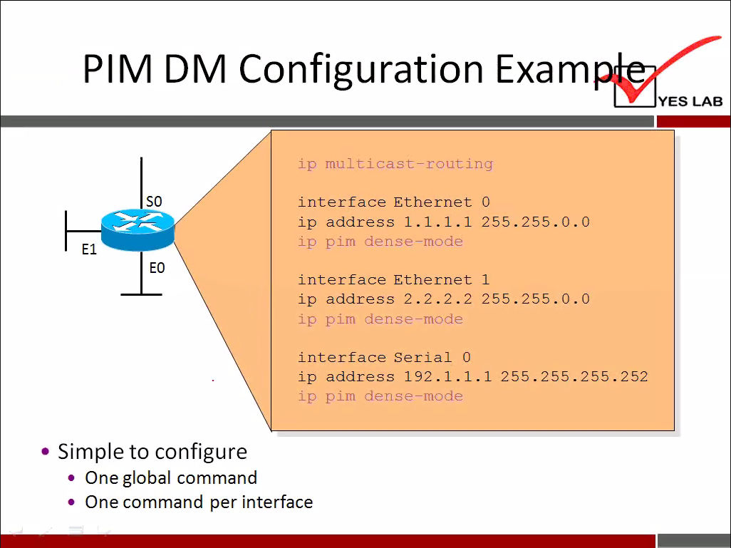 PIM DM 
so 
El 
Configuration Exam 
YES LAB 
ip multicast—routing 
interface Ethernet O 
ip address 1.1. 1.1 255.255. 0.0 
ip pim dense—mode 
interface Ethernet 1 
ip address 2.2.2.2 255.255. 0.0 
ip pim dense—mode 
interface Serial O 
ip address 192.1. 1.1 255.255.255.252 
ip pim dense—mode 
• Simple to configure 
• One global command 
• One command per interface 