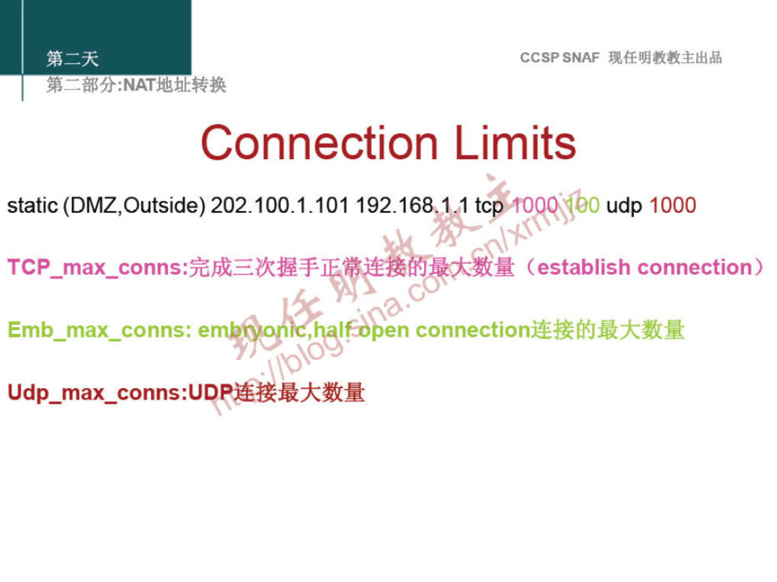 CCSPSNAF 
Connection Limits 
static (DMZ,Outside) 202.100.1.101 192.168, It 
udp 1000 
(establish connection) 
connectionjææu-küM 