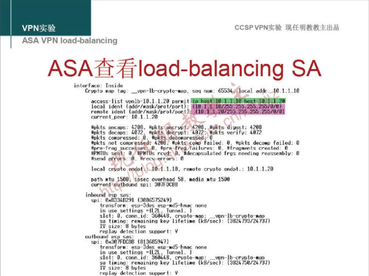 VPNN 
ASA VPN ioaa-oalancing 
CCSPVPNT* 
ASAMIoad-balancing SA 
„cess-list 1.2B permit 
local i&nt ( 
.rxW25å.zss.zss. 
i den t t 
lus p. e 
local cruoto r•ofe crypto endot . : 10.1.1.20 
Nth •tu ISO. SS, "dia •tu 
current outbomd 
aun2S1 oøacs752a9) 
IV size: 8 bytes 
(813685901 
in use settings •IL 21 
slot: a. id: crvøto-•g: 
I b-crvv to -no 
IV size: 8 bvtes 