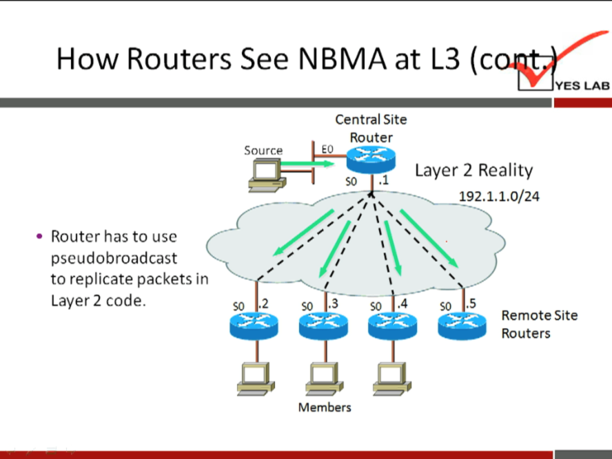 How Routers See NBMA at L3 (c 
YES LAB 
Central Site 
Router 
Source 
Layer 2 Reality 
.1 
192.1.1.0/24 
• Router has to use 
pseudobroadcast 
to replicate packets in 
Layer 2 code. 
.2 
.3 
Members 
so .4 
so .5 
Remote Site 
Routers 