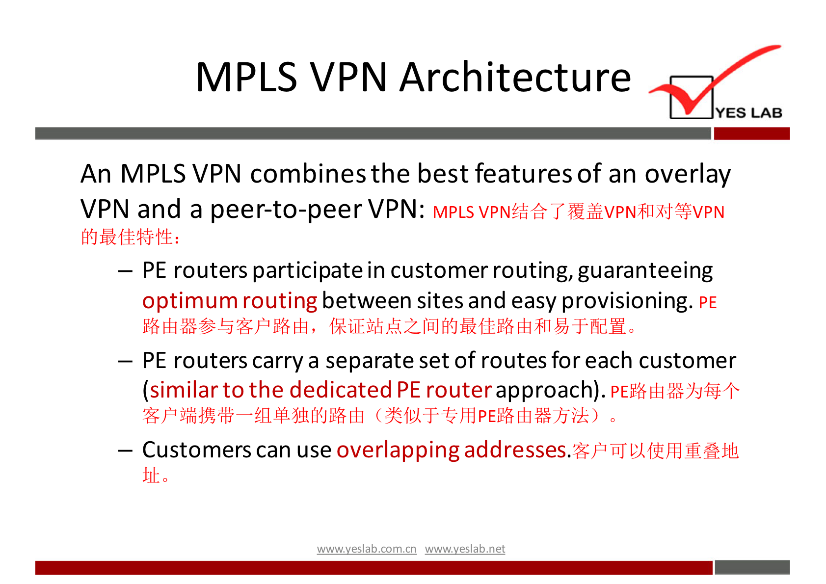 MPLS VPN Architecture 
YES LAB 
An MPLS VPN combines the best features of an overlay 
VPN and a peer-to-peerVPN: 
MPLS uVPN$UXj%VPN 
— PE routers participate in customer routing, guaranteeing 
optimum routing between sites and easy provisioning. 
— PE routers carry a separate set of routes for each customer 
(similar to the dedicated PE router approach). 
— Customers can use overlapping addresses.GPiiTÅffhIm:ifL 
wwwveslabnet 