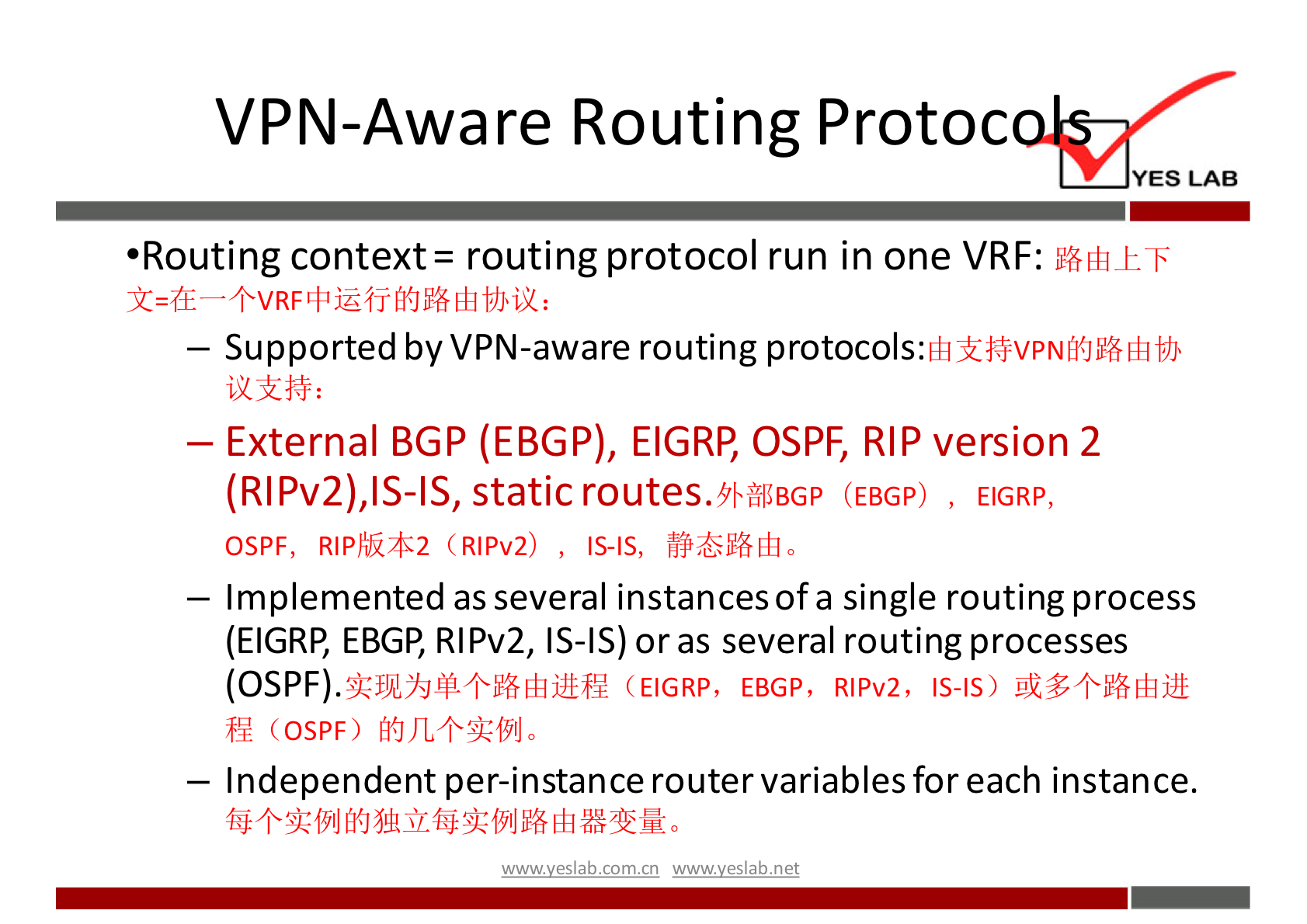 VPN-Aware Routing Protoc 
YES LAB 
•Routing context= routing protocol run in one VRF: 
— Supported by VPN-aware routing 
— External BGP (EBGP), EIGRB OSPF, RIP version 2 
(RIPv2),lS-lS, static roUteS.9FMIBGP (EBGP) , 
EIGRP, 
OSPF, RIPhü*2 (RIPv2) , IS-IS, 
— Implemented as several instances of a single routing process 
(EIGRP, EBGP, RIPv2, IS-IS) or as several routing processes 
(OSPF). 
(EIGRP, EBGP, RIPv2, IS-IS) 
(OSPF) fitJJL+?kf91J0 
— Independent per-instance router variables for each instance. 
wwwveslabnet 