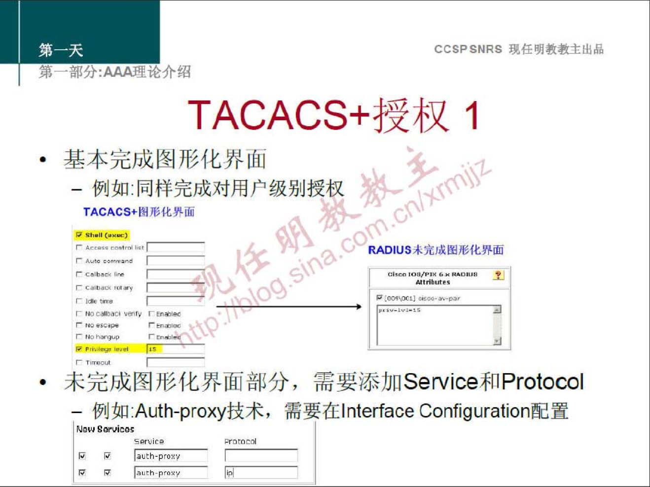 錦 
CCSPSNRS 任 明 教 教 主 出 品 
分 ： 论 介 绍 
TACACS+ 授 权 1 
基 本 完 成 图 形 化 界 面 
一 例 如 ： 同 样 完 成 对 用 户 级 别 授 权 
TACACS+EN)E 化 界血 
RAD 《 us 未 完 威 图 形 化 界 面 
未 完 成 图 形 化 界 面 部 分 ， 需 要 添 加 Service 和 Protocol 
一 例 如 Auth-proxy 技 术 ， 需 要 在 Interface Configuration 配 置 