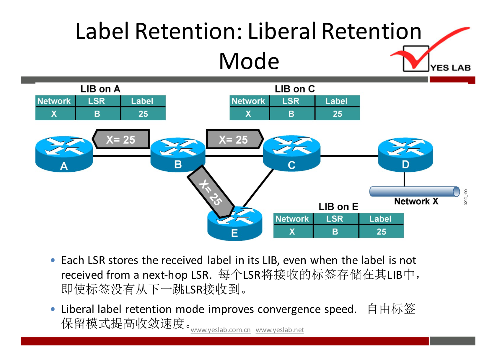 Label Retention: Liberal Retention 
Mode 
YES LAB 
LIB on A 
Network LSR 
Label 
25 
Network 
LIB on C 
LSR 
Network 
Label 
25 
LIB on E 
LSR 
Label 
Network X 
• Each LSR stores the received label in its LIB, even when the label is not 
received from a next-hop LSR. , 
• Liberal label retention mode improves convergence speed. fi 
wwwveslabnet 