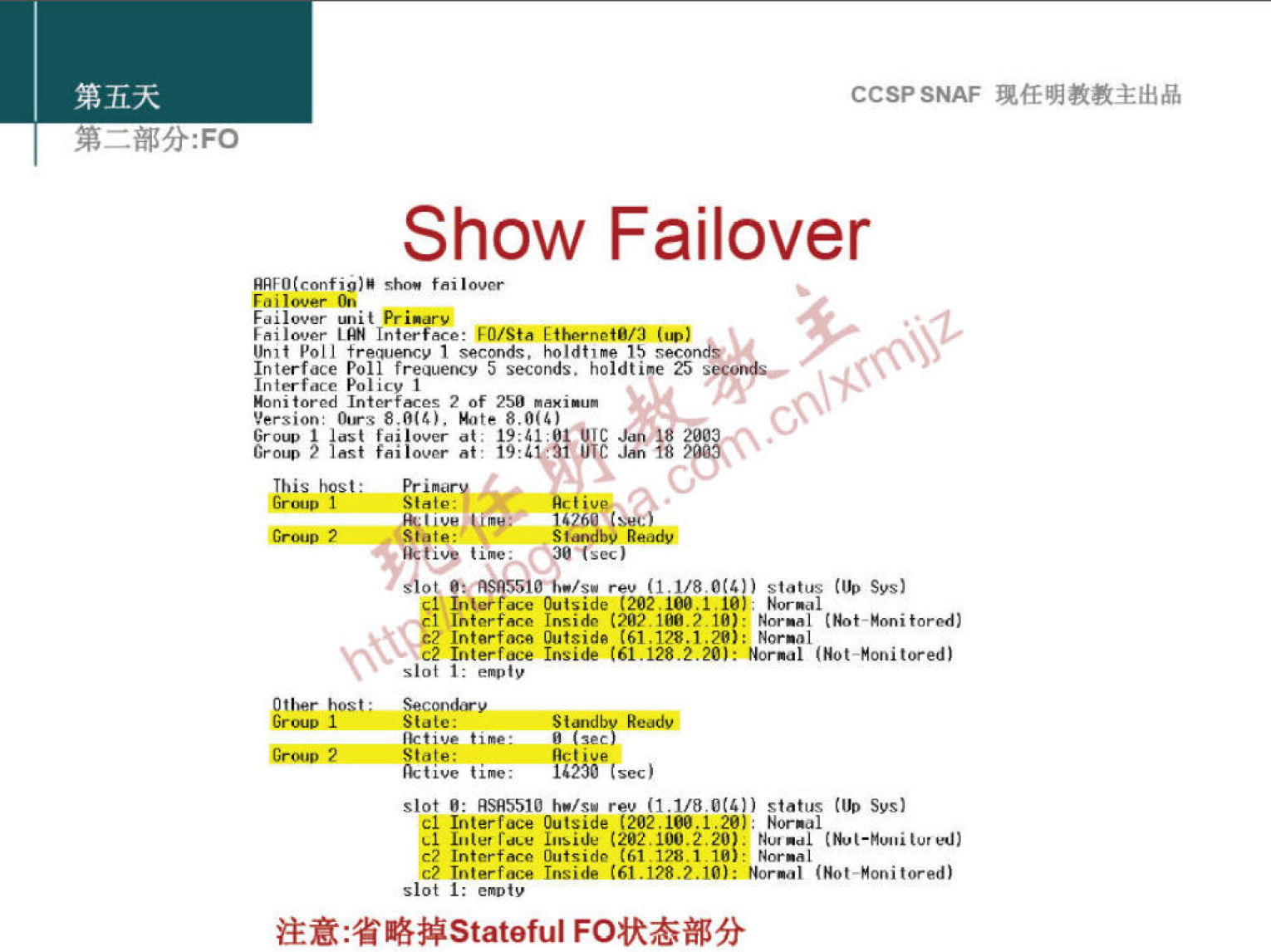 CCSPSNAF 
Show Failover 
failover 
pri.ar•v 
poll 1 15 
Interface Poll frequency 5 seconds. holdtine 25 
Interface POI 
00 
? of 
Version: 
I last failm- 19:11: 
ASas5id (1.1/8 Ou status cup sys) 
Out?ide 
Inter f". 
ic2 Interf«e Insi& (61.128.2.20): Norml (Not-Monitored) 
standby Read/ 
2vcø 
slot e: RSR5s1ø rev (1.1/8.0")) status sys) 
cl Interface Outside (202.100.1.20): Nor-al 
Inter f MO Outside 
C? (Not—yoni 
slot 1; 
FOtRÜh 