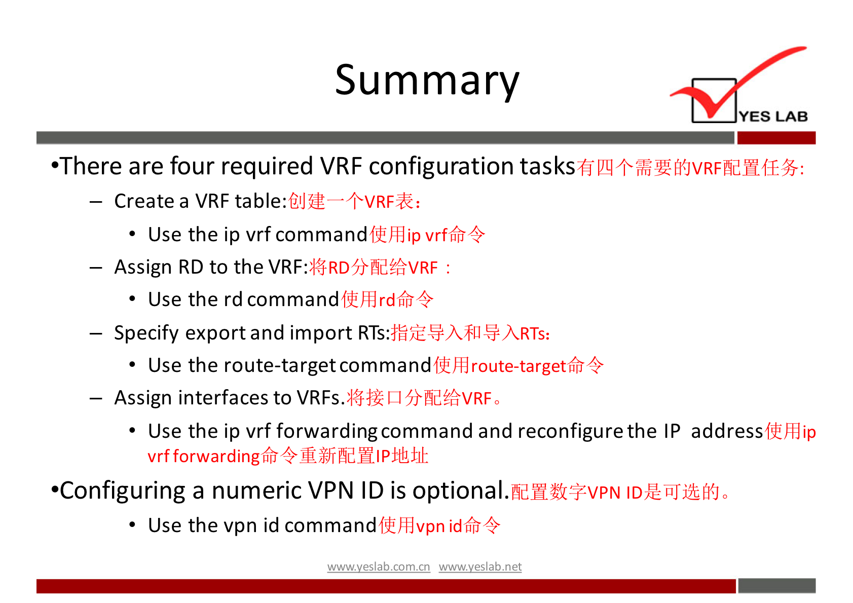 Summary 
YES LAB 
•There are four required VRF configuration 
— Create a VRF 
• Use the ip vrf commandflihdip vrffr4 
— Assign RD to the : 
• Use the rd command 
— Specify export and import 
route-targetfr4 
• Use the route-targetcommand 
— Assign interfaces to VRFs. 
• Use the ip vrf forwardingcommand and reconfigure the IP address 
•Configuring a numeric VPN ID is optional. 
• Use the vpn id commandffhdvpn id6ff4 
wwwveslabnet 
flihHip 