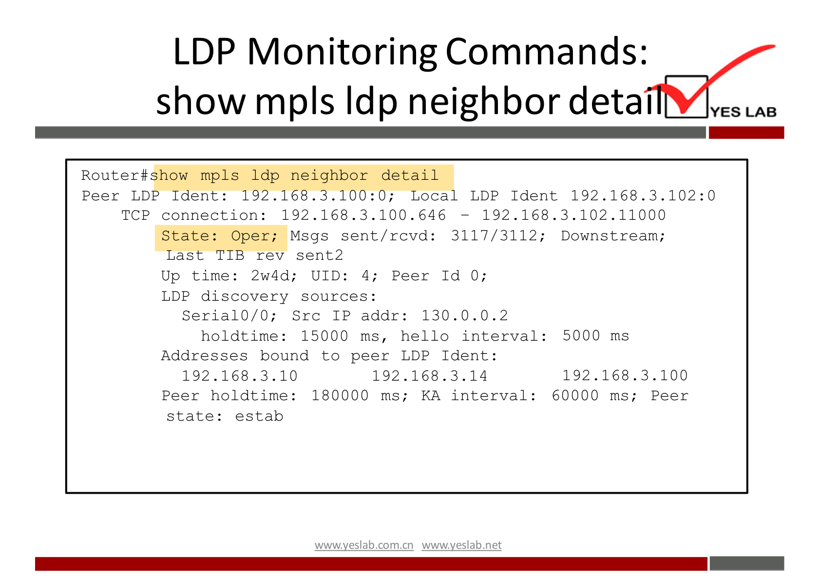 LDP Monitoring Commands: 
show mpls Idp neighbor detai 
Router#show mpls Idp neighbor detail 
YES LAB 
Peer LDP Ident: 192.168.3.100:0; Local LDP Ident 192.168.3.102:0 
TCP connection: 192.168.3.100.646 
192.168.3.102.11000 
State: Oper; Msgs sent/ rcvd: 3117/3112; 
Last TIB rev sent2 
Up time: 2w4d; UID: 4; Peer Id 0; 
LDP discovery sources : 
SerialC/C; Src IP addr: 130.0.0.2 
holdtime: 15000 ms, hello interval : 
Addresses bound to peer LDP Ident: 
192.168.3.10 
192.168. 3.14 
Downstream; 
5000 ms 
192.168.3.100 
60000 ms; Peer 
Peer holdtime: 180000 ms; KA interval: 
state: estab 
wwwveslabnet 