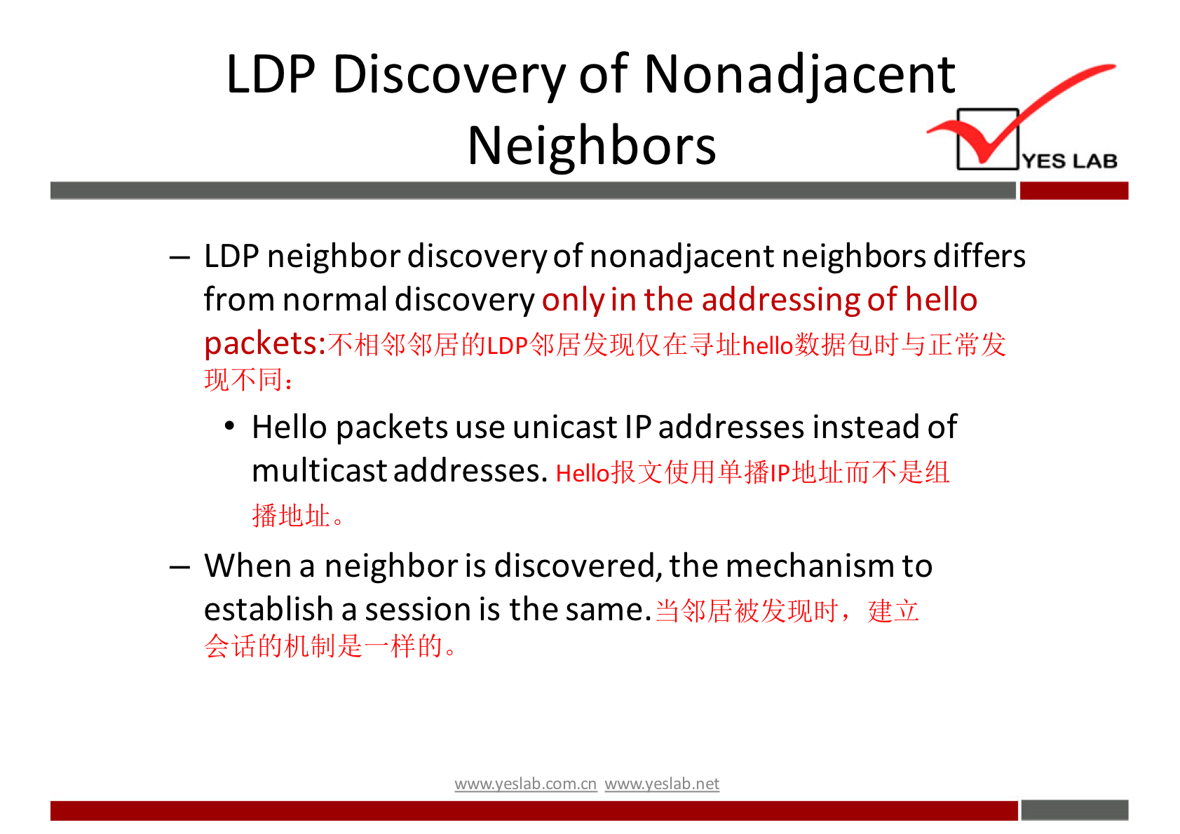 LDP Discovery of Nonadjacent 
Neighbors 
YES LAB 
— LDP neighbor discovery of nonadjacent neighbors differs 
from normal discovery only in the addressing of hello 
• Hello packets use unicast IP addresses instead of 
multicast add resses. 
— When a neighbor is discovered, the mechanism to 
establish a session is the same. 
w.w.v.yeslab.com.cn 