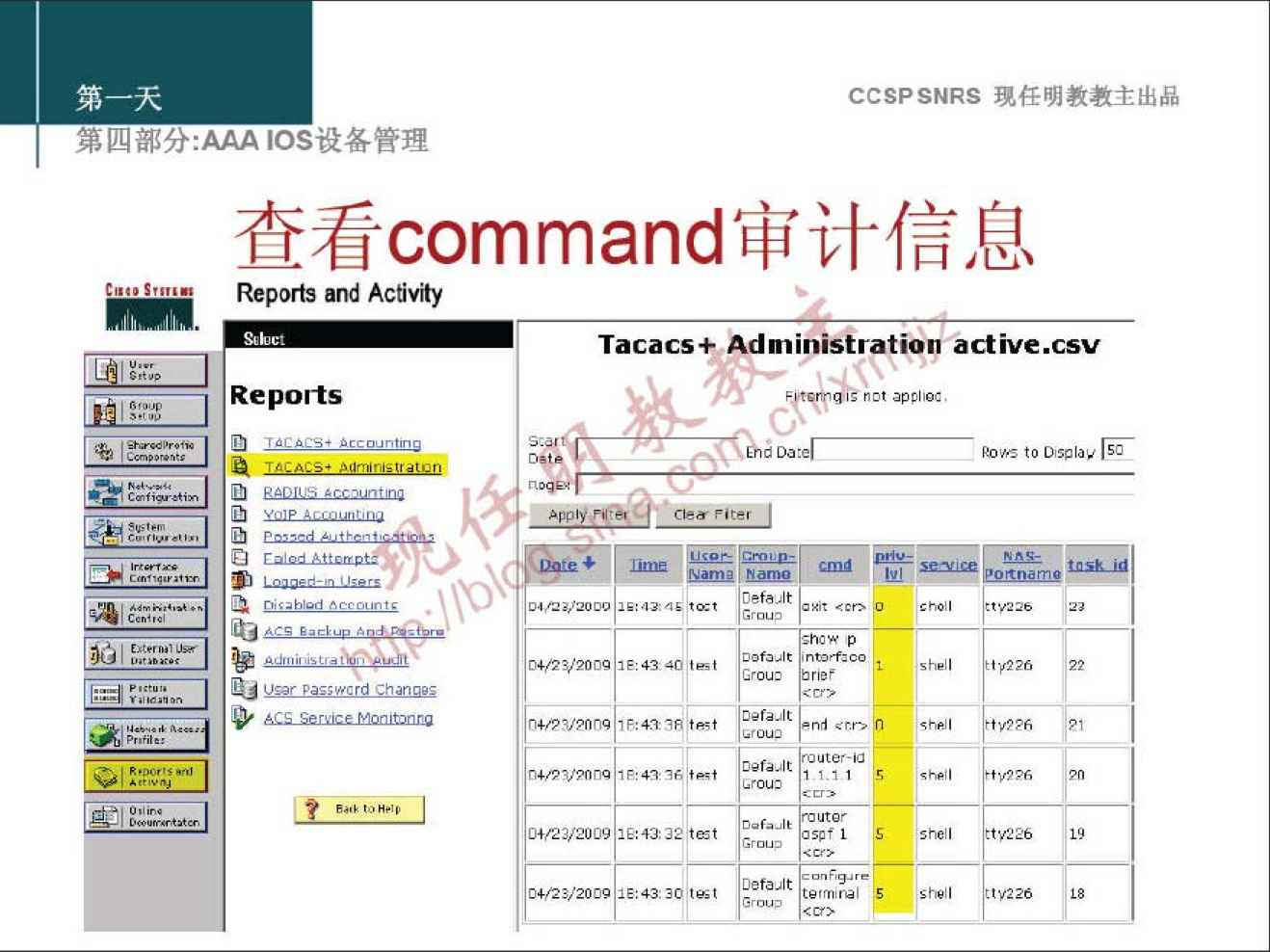 CCSPSNRS 現 样 明 教 教 主 出 品 
第 四 分 ： 厶 ℃ s 设 各 管 理 
查 看 command 审 计 信 息 
Reports and Activiy 
0 
匕 垦 亠 一 亠 
玺 亠 丨 上 」 
Tacacs Adminisiratggp active•csv 
0 
0 ， V 「 ， 0 41 ， ， 
0料，气，阑「@ ， 0 4 ． 10 “ 
」 20 丿 t 
； 0 叠 00 ： 已 4 30 《 《 